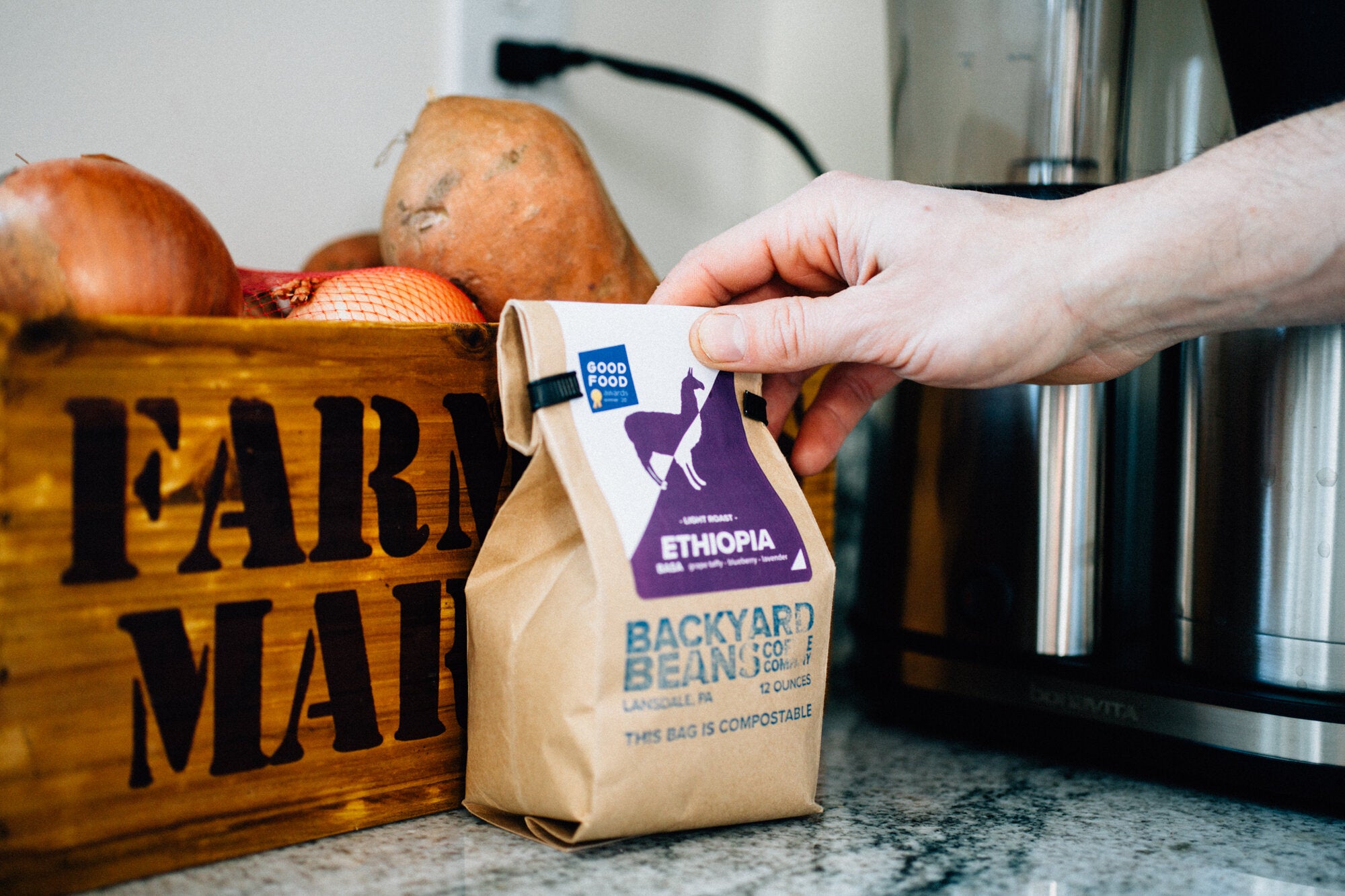 Image of coffee bag in kitchen.