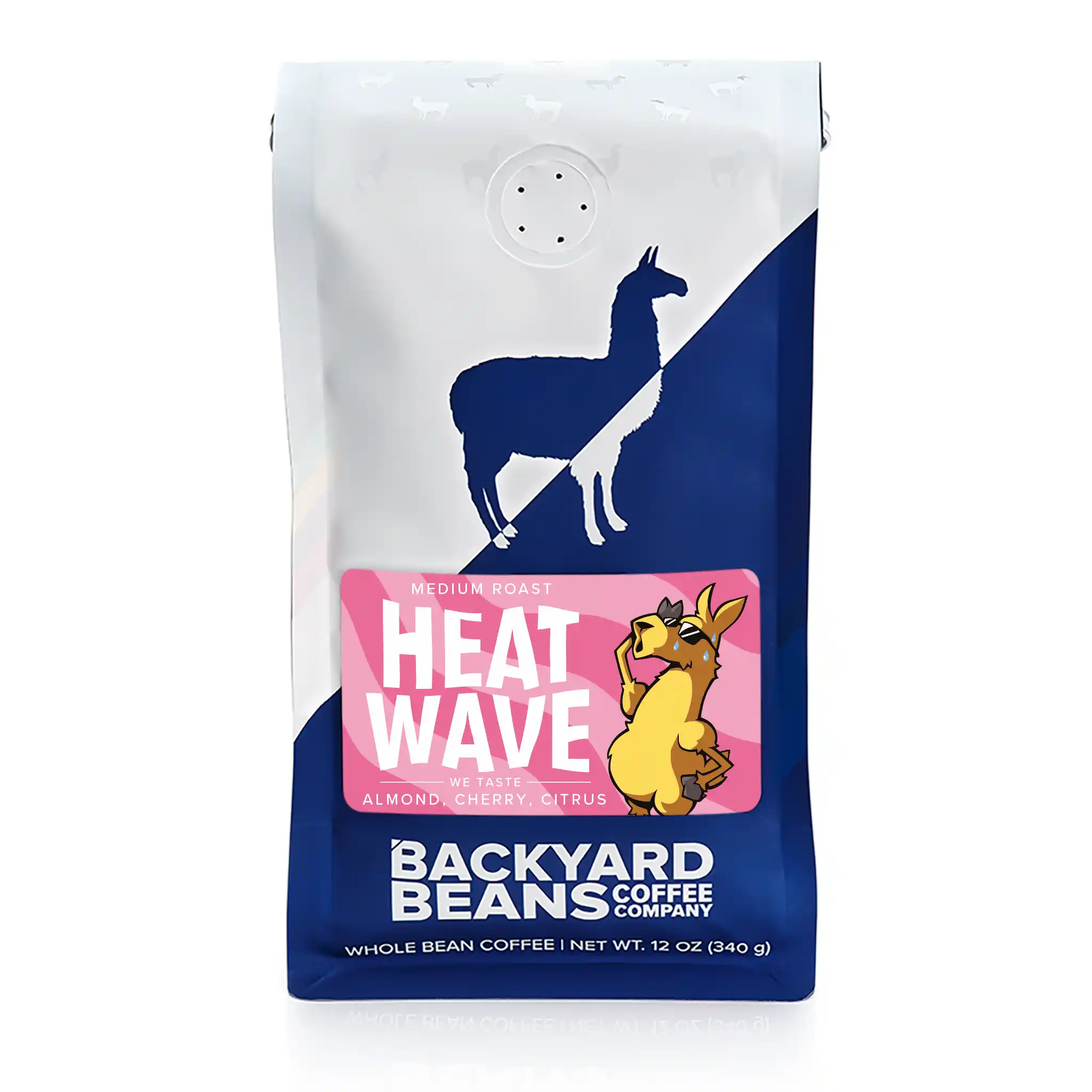 Backyard Beans Coffee Company coffee bag with llama design on a white background