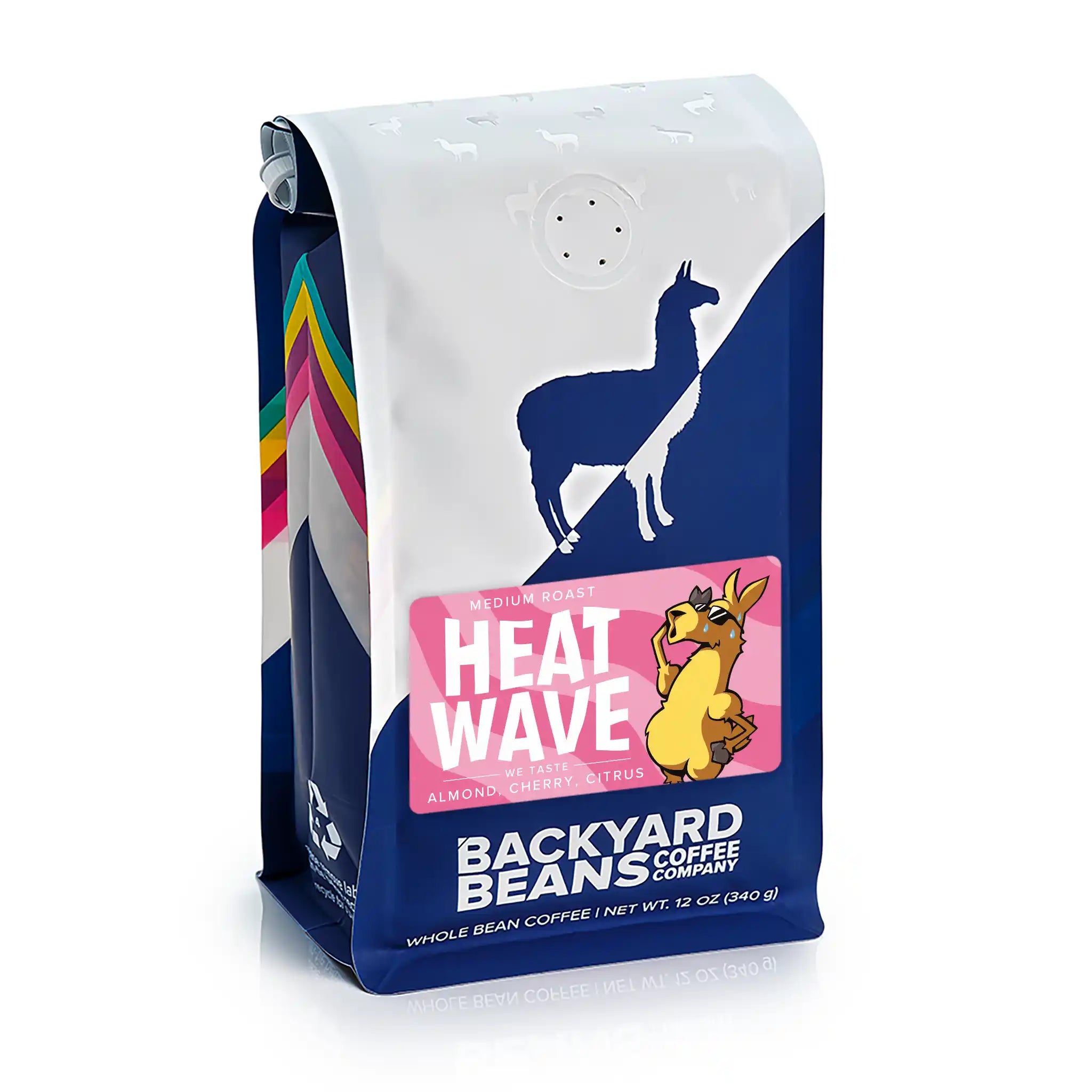 Backyard Beans Coffee Company Heat Wave coffee bag with colorful design on a white background