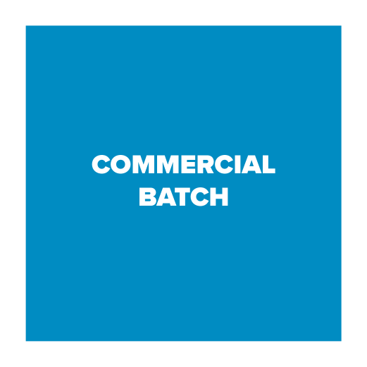 Blue square with 'COMMERCIAL BATCH' text in white
