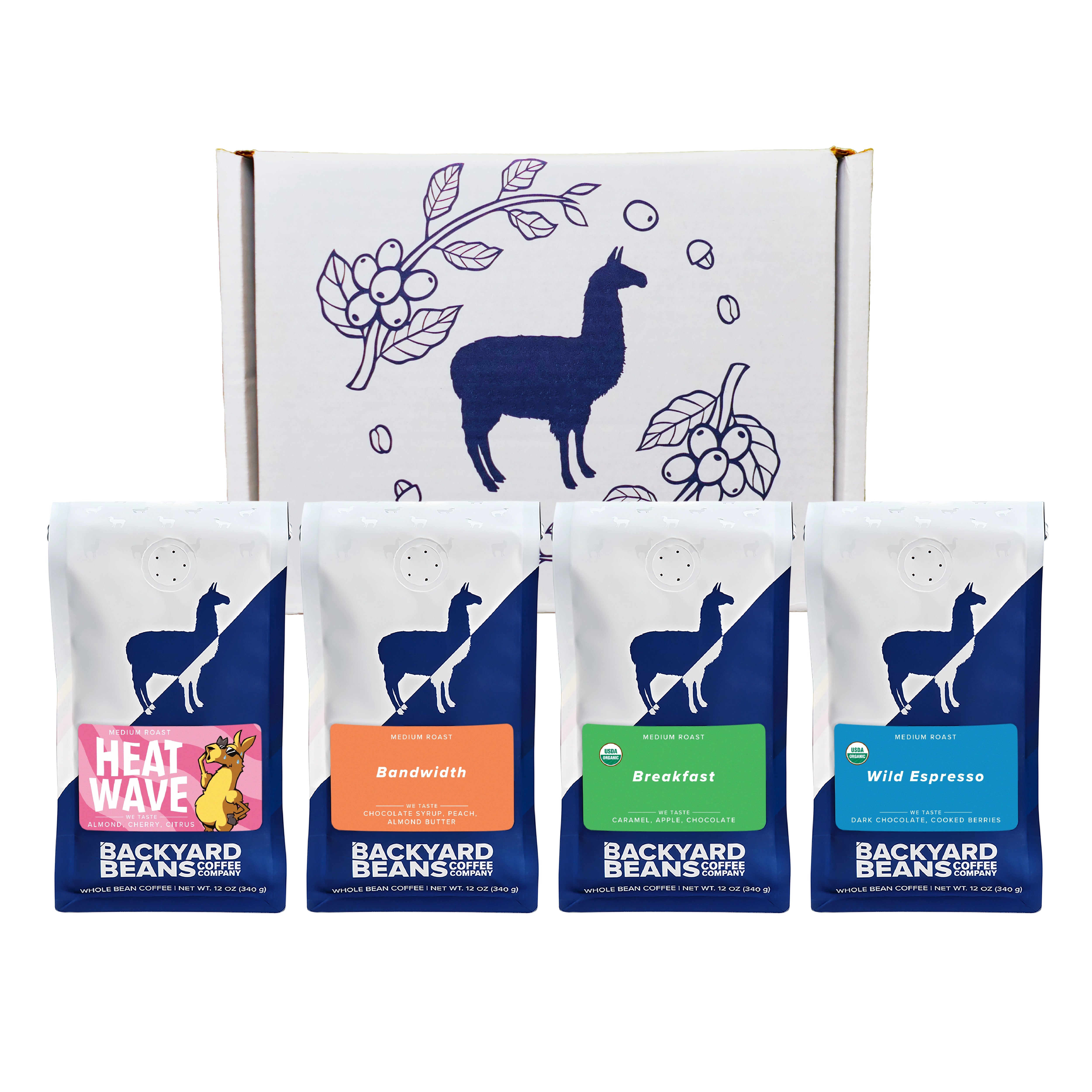 Image of gift box with four bags of retail coffee in front