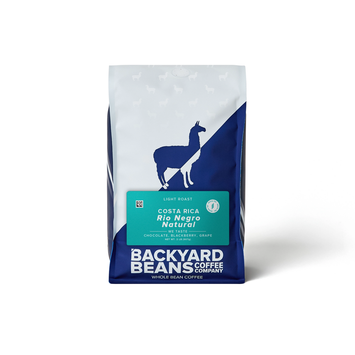 Backyard Beans Costa Rica Rio Negro Natural coffee with a blue and white design on a white background