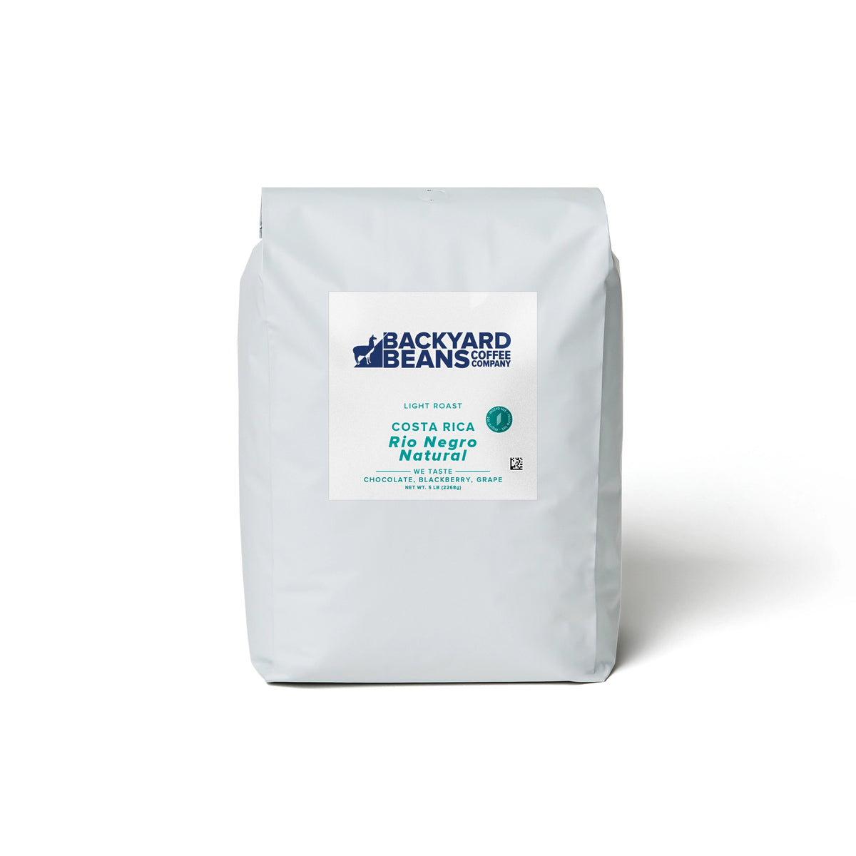 Backyard Beans Costa Rica Rio Negro Natural coffee bag on a white background