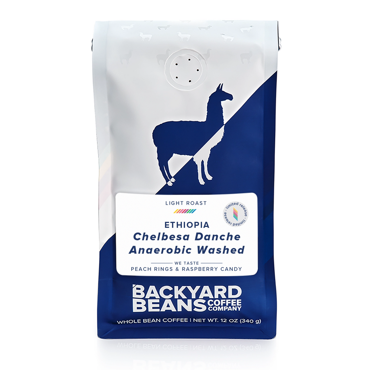 A 12 oz bag of Backyard Coffee Company Ethiopia Chelbesa Danche Anaerobic Washed whole bean coffee. The packaging features a white top half with a blue llama silhouette, a diagonal blue stripe, and a white bottom half.