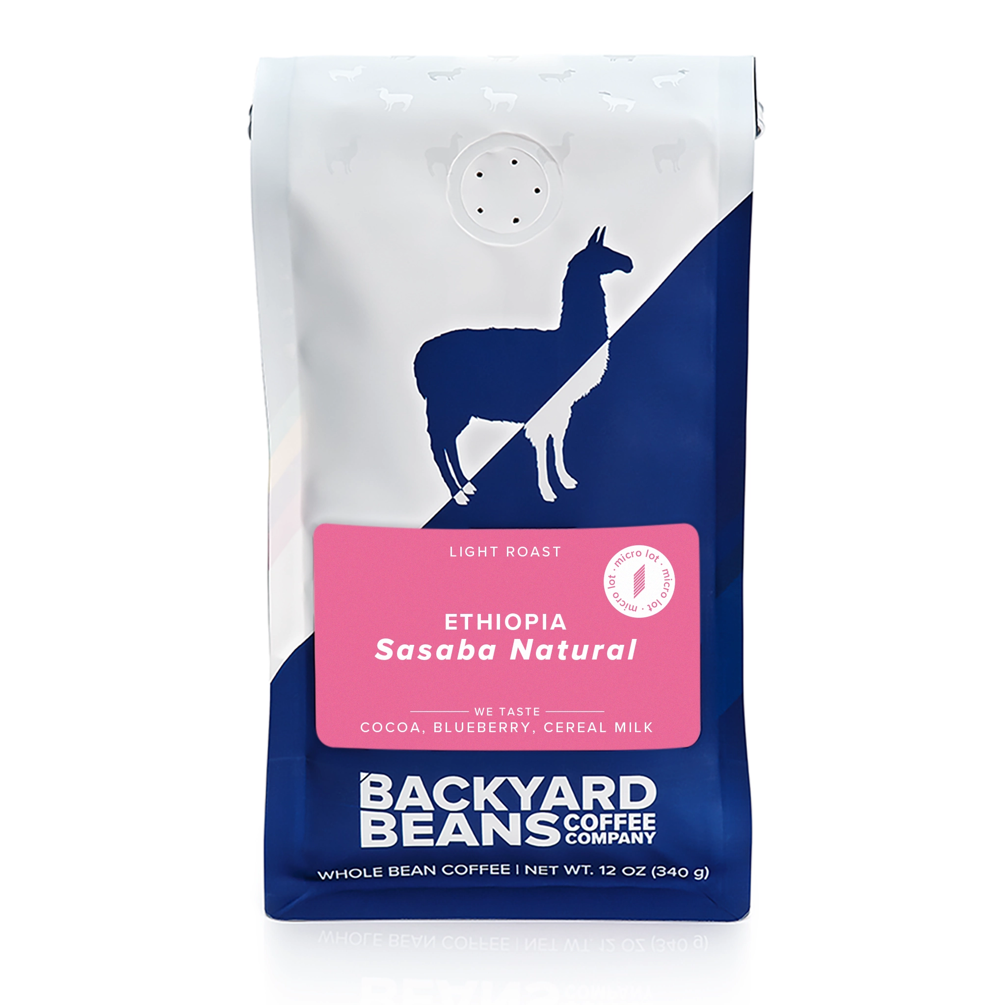 Backyard Beans Coffee Company coffee bag with a llama graphic on a white background