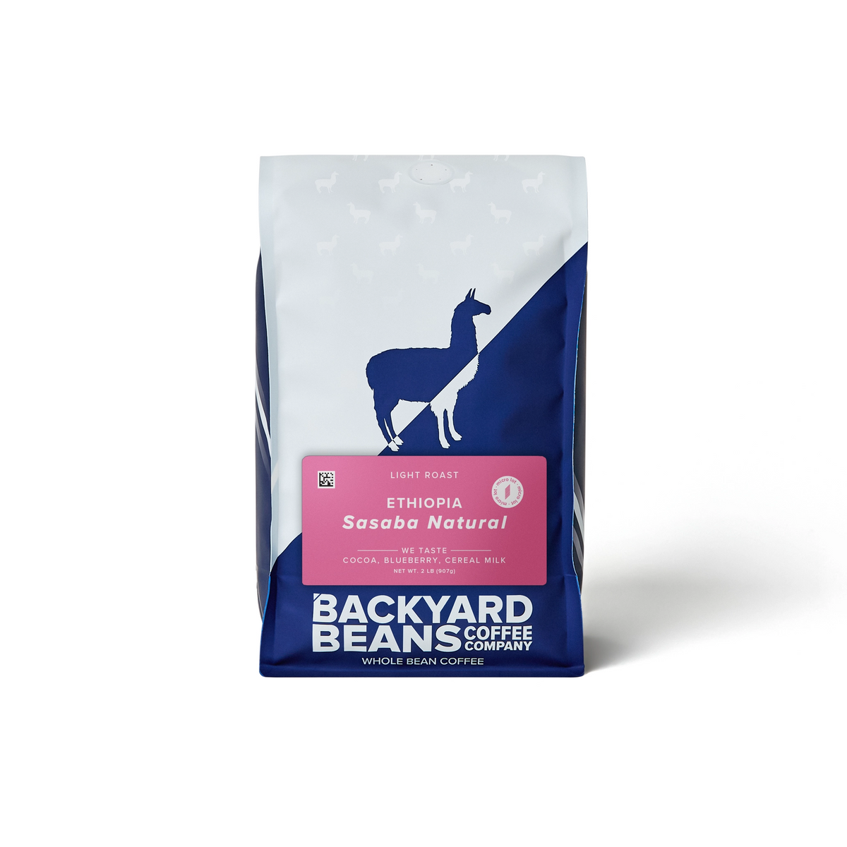 Backyard Beans coffee bag with a blue and white design on a white background