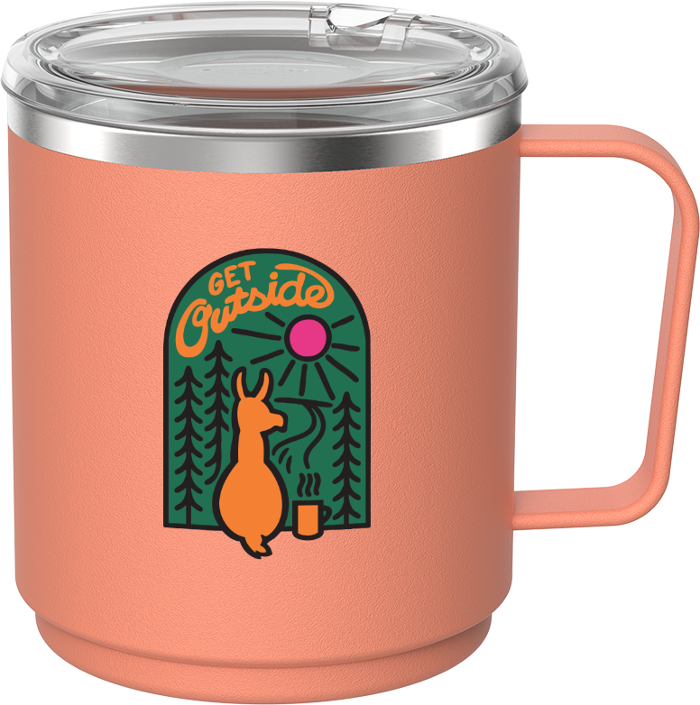A pink KeepCup Camp Mug with a 'Get Outside' design, featuring a kangaroo and camping elements, and a clear lid.
