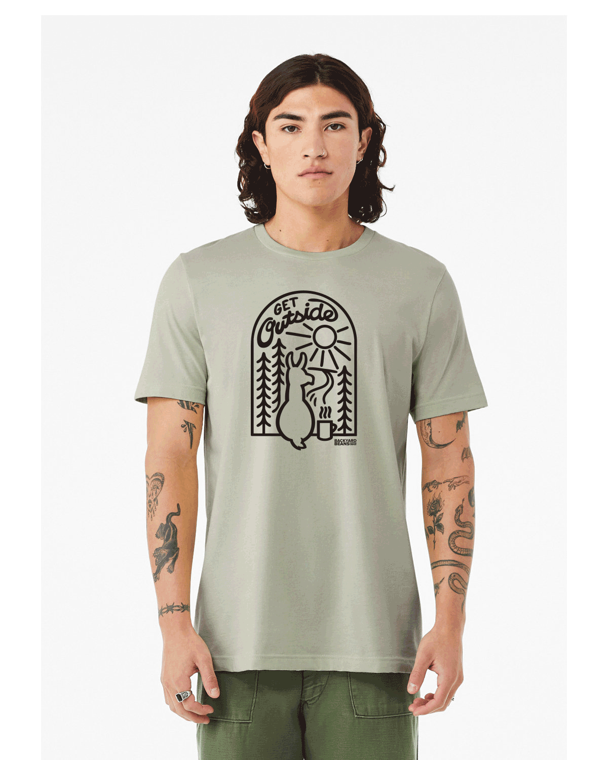 Man wearing a get outside tshirt