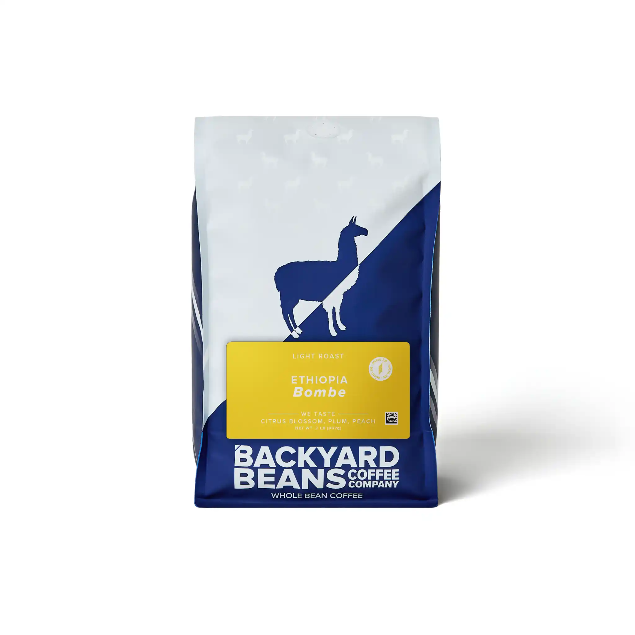 Backyard Beans coffee bag with a blue and white design on a white background