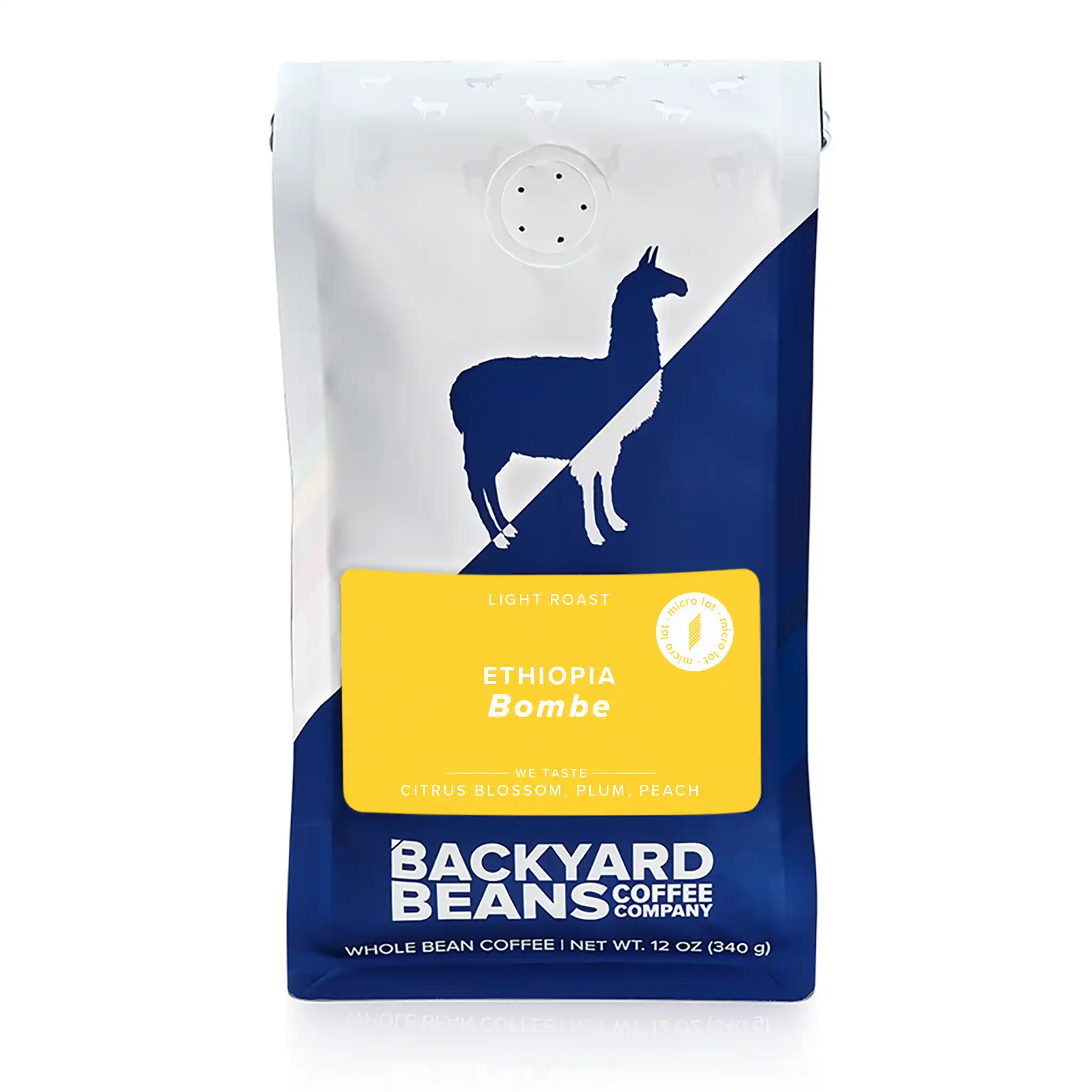 Backyard Beans coffee package with a blue and white design on a white background