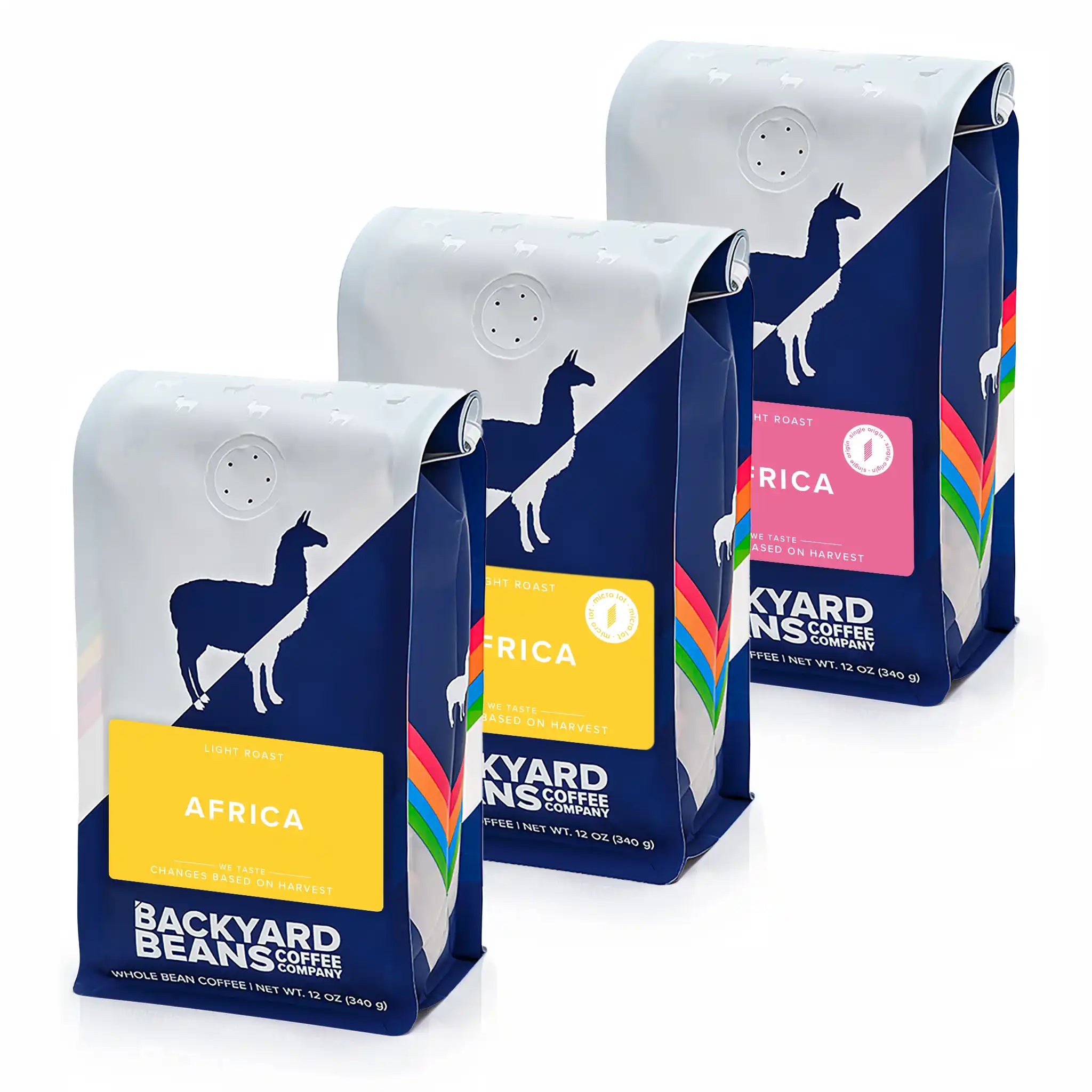 Three bags of Backyard Beans Coffee bundled, featuring african roasts