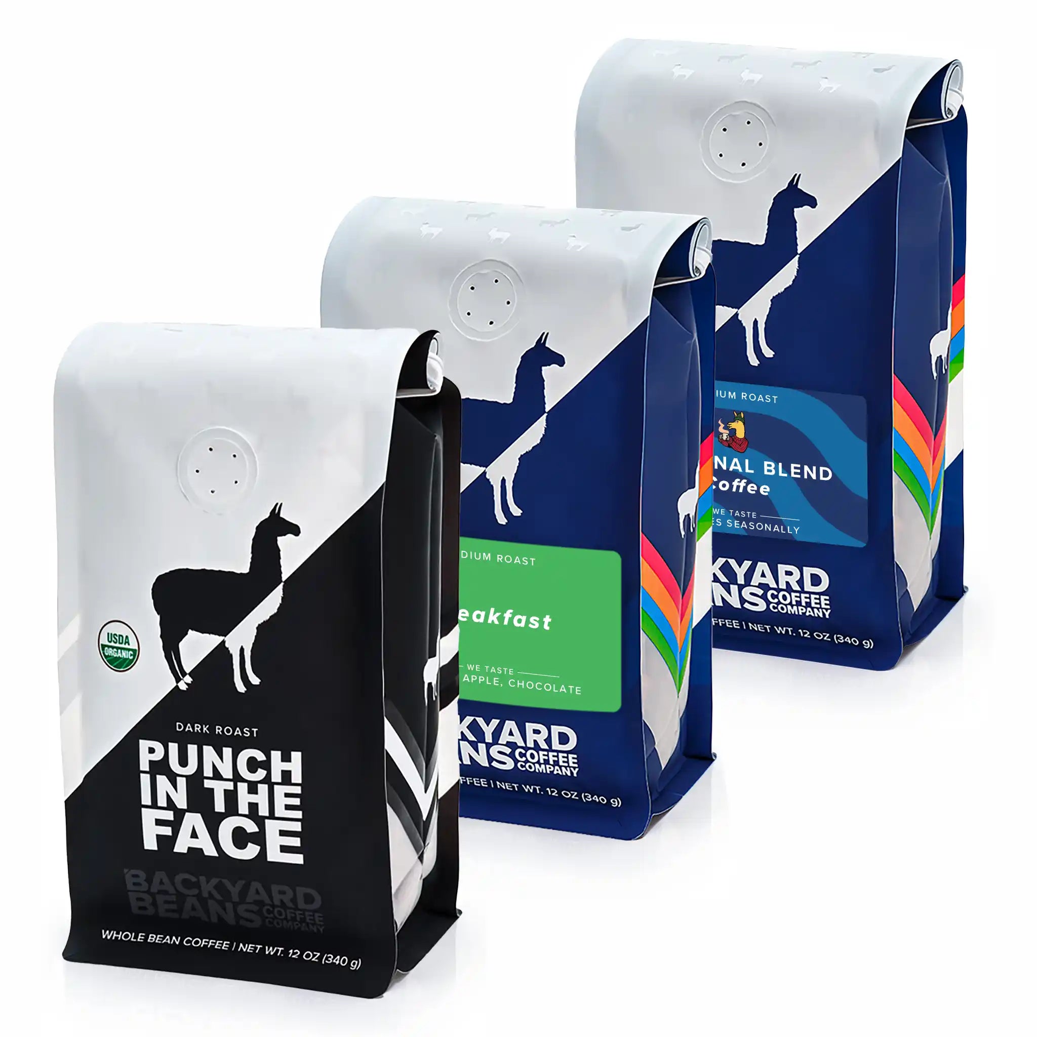 Three bags of coffee from Backyard Beans Coffee Company, featuring the Punch in the Face, Breakfast, and Seasonal Blend varieties.
