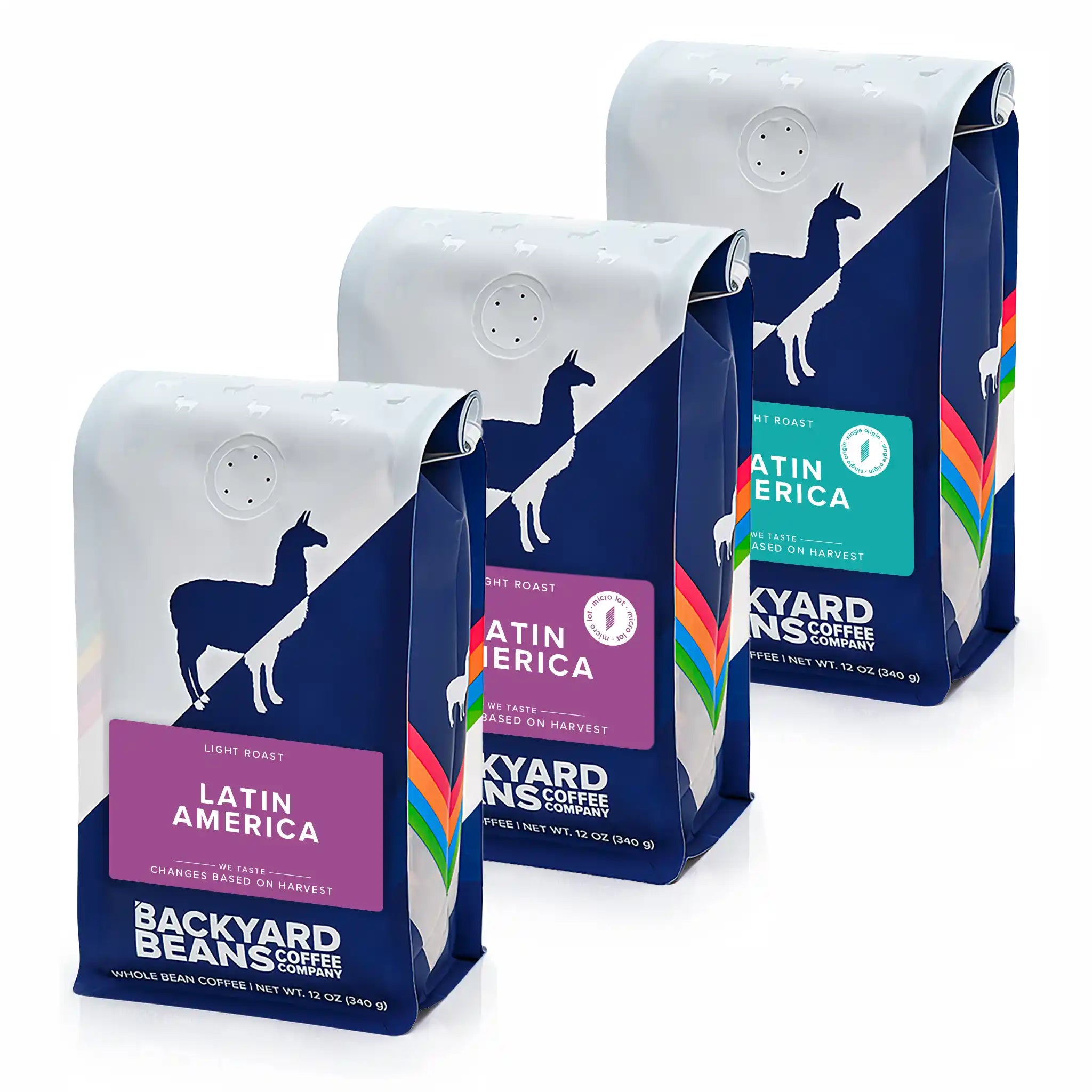 Three bags of Backyard Beans Coffee bundled, featuring latin america roasts