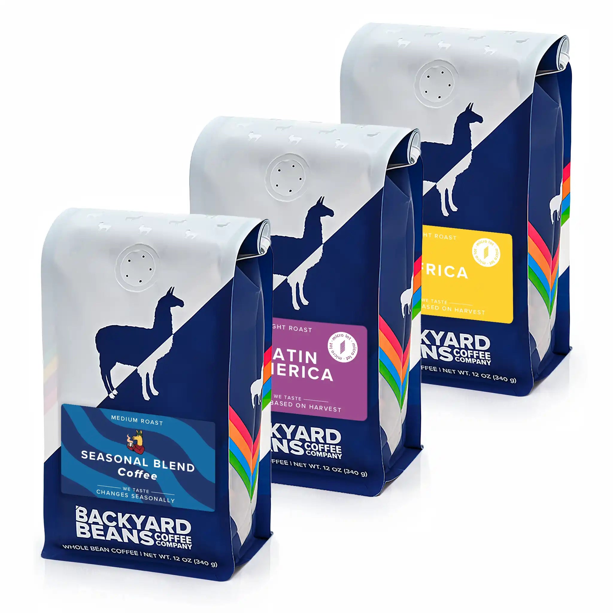 Three bags of Backyard Beans Coffee bundled, featuring the current seasonal roasts