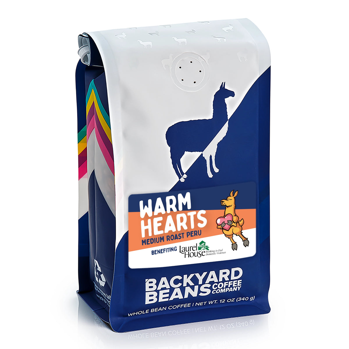 Image of Warm Hearts retail coffee bag with white background