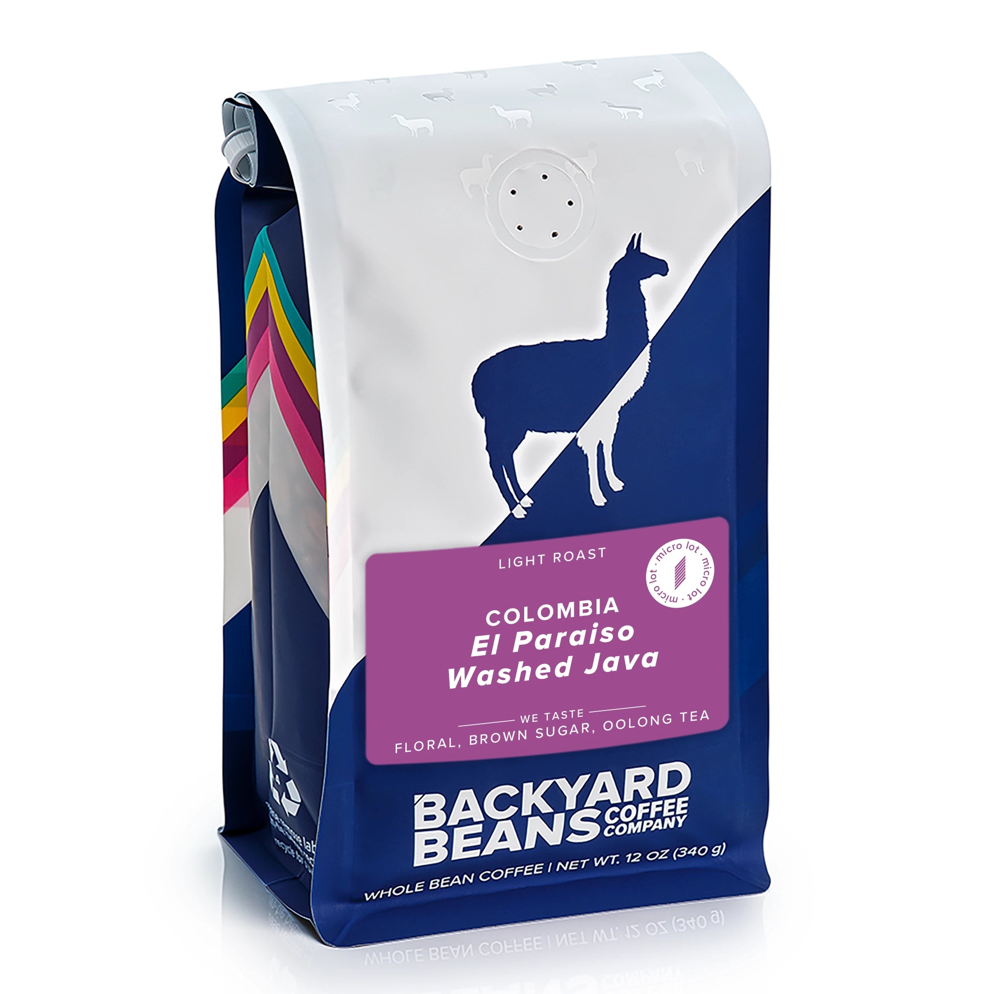 Backyard Beans coffee bag with llama design on a white background