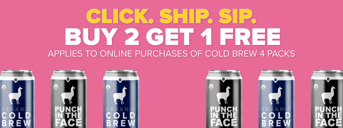 Promotional banner for Punch in the Face Cold Brew with can display and text on pink background