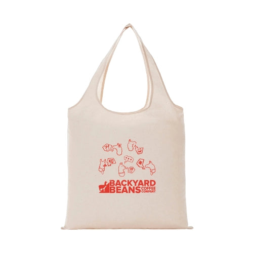 Image of canvas tote bag with orange Backyard Beans logo and llama icons