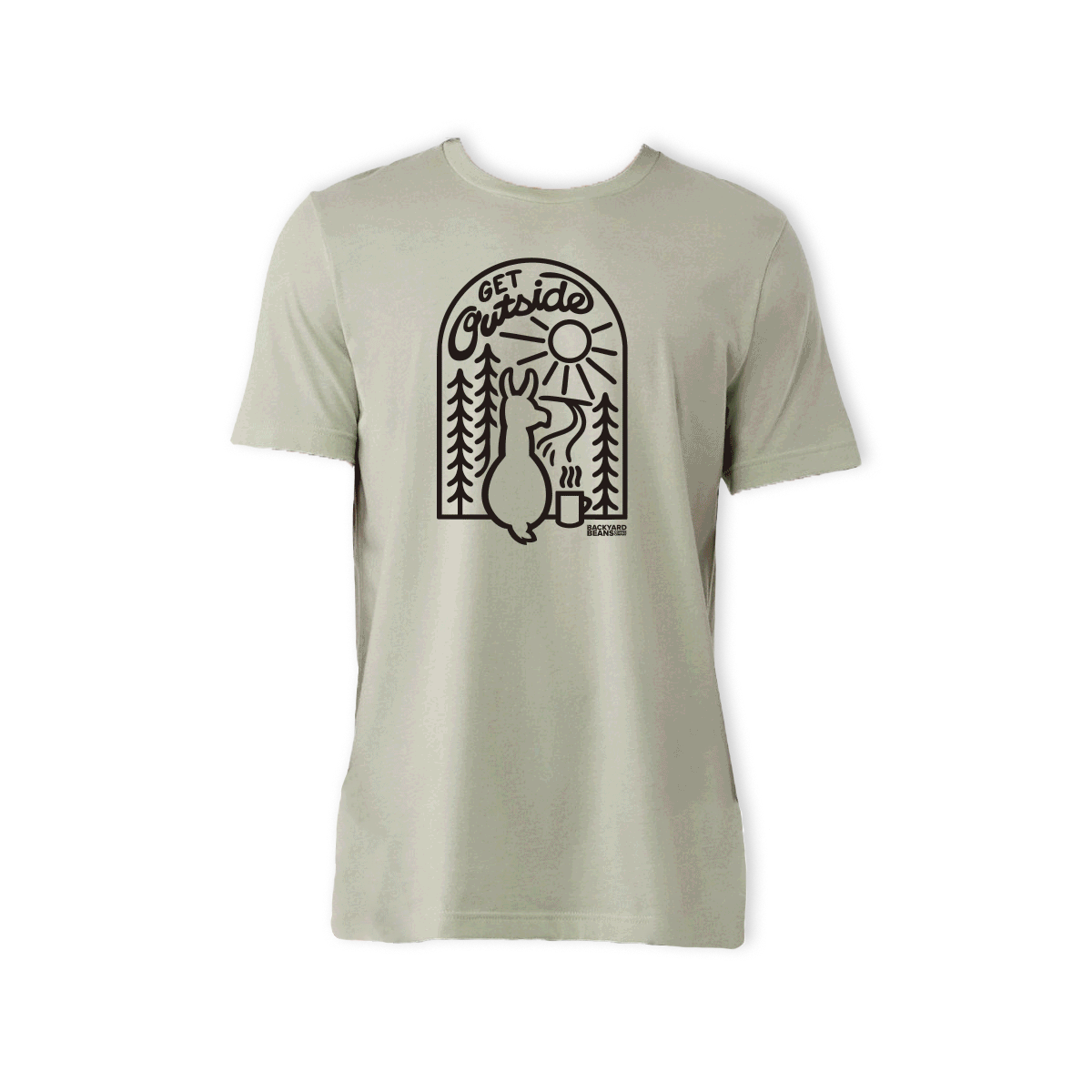 A green Bella+Canvas t-shirt with a graphic design featuring a sun and trees.