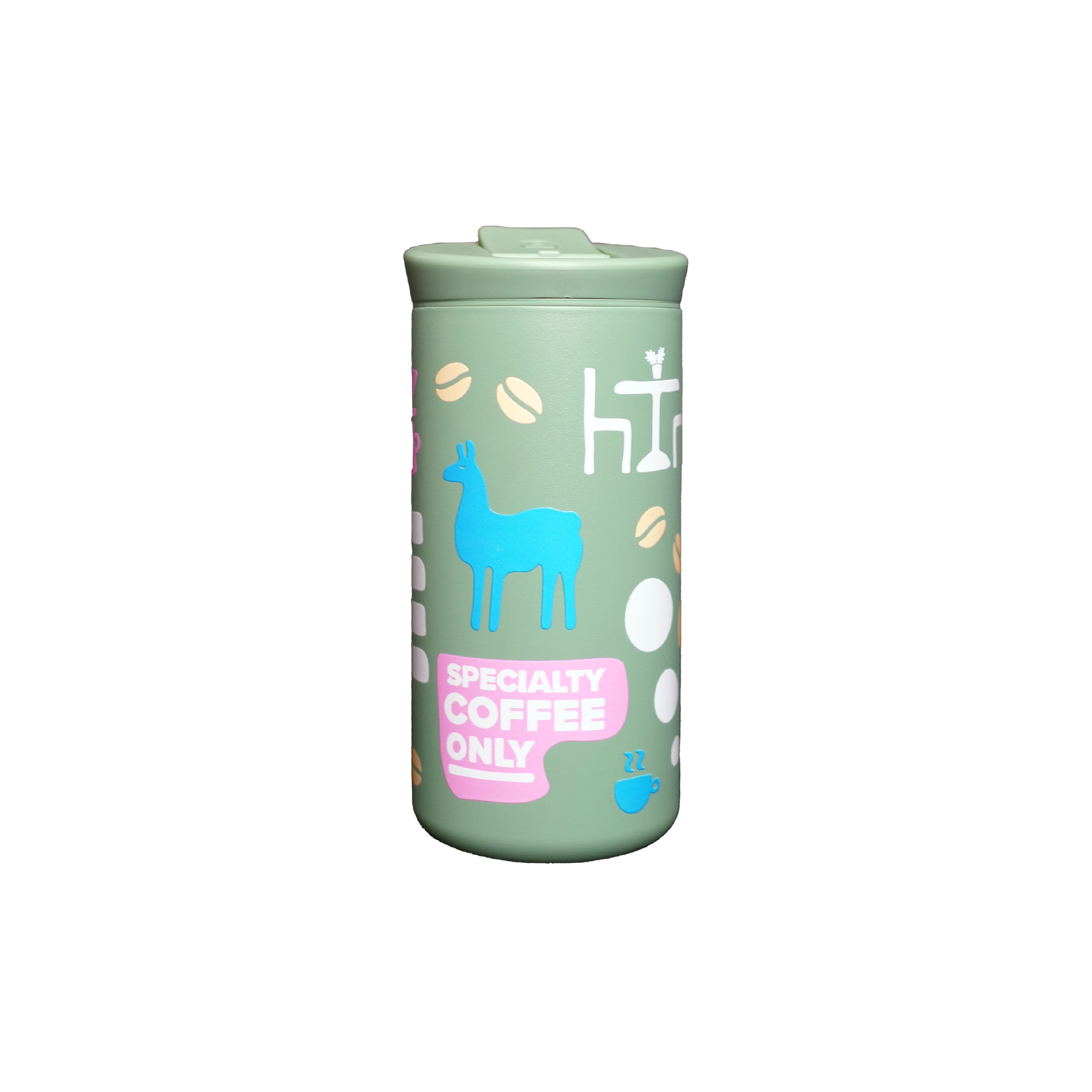 Green tumbler with llama design and text on a white background