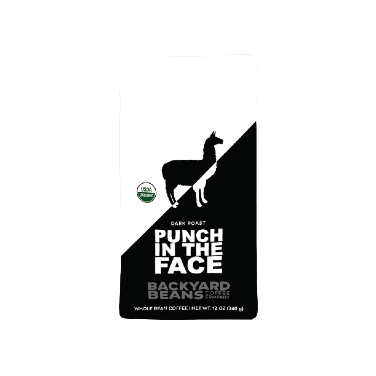 Image of Backyard Beans Coffee sticker featuring a black and white design with a llama silhouette and the text 'Punch in the Face' and 'Dark Roast'.