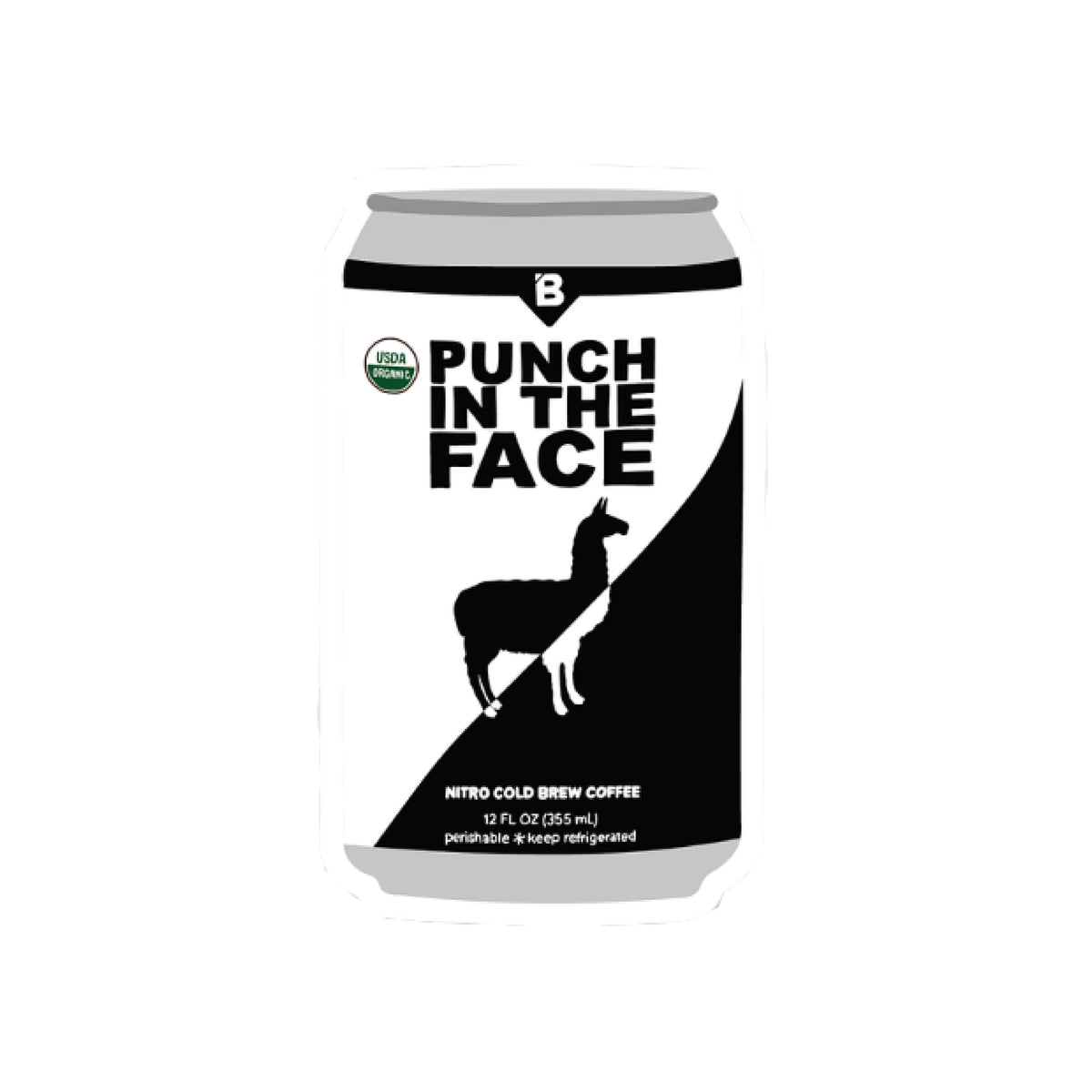 Image of Punch in the Face Nitro Cold Brew Coffee sticker, featuring a black and white design with a llama silhouette and a USDA Organic seal.
