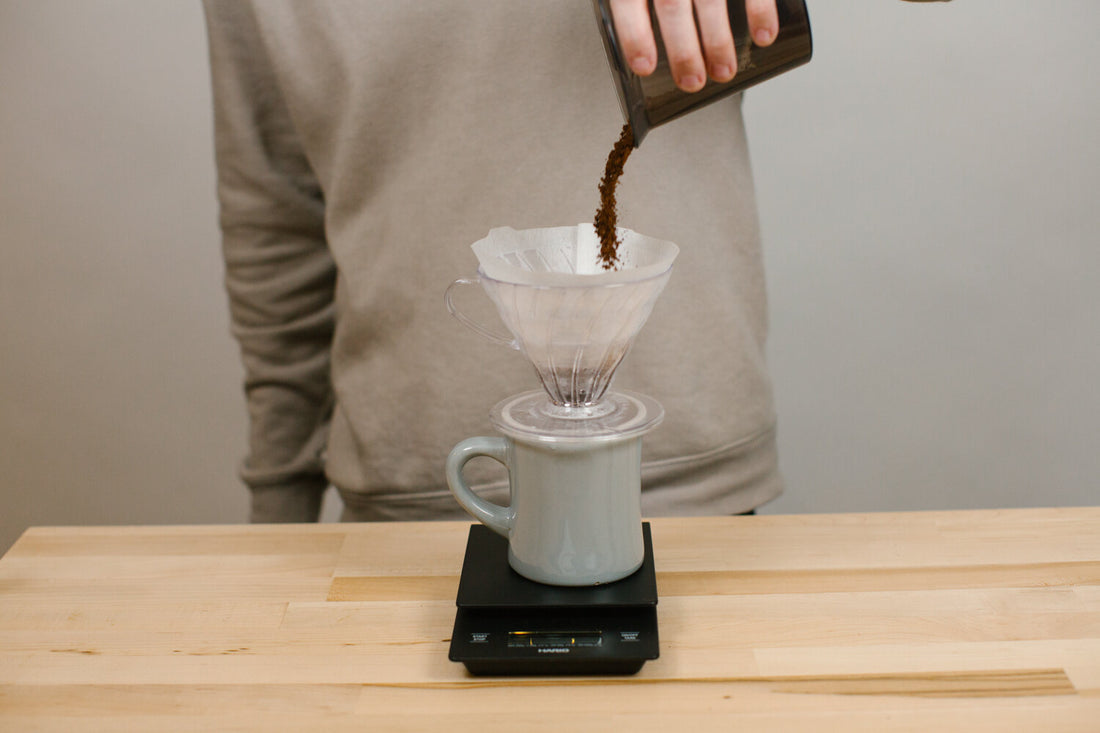 Image of ground coffee going into pourover.