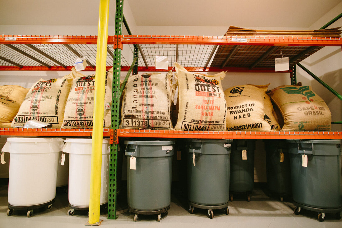Image of green coffee in storage room.