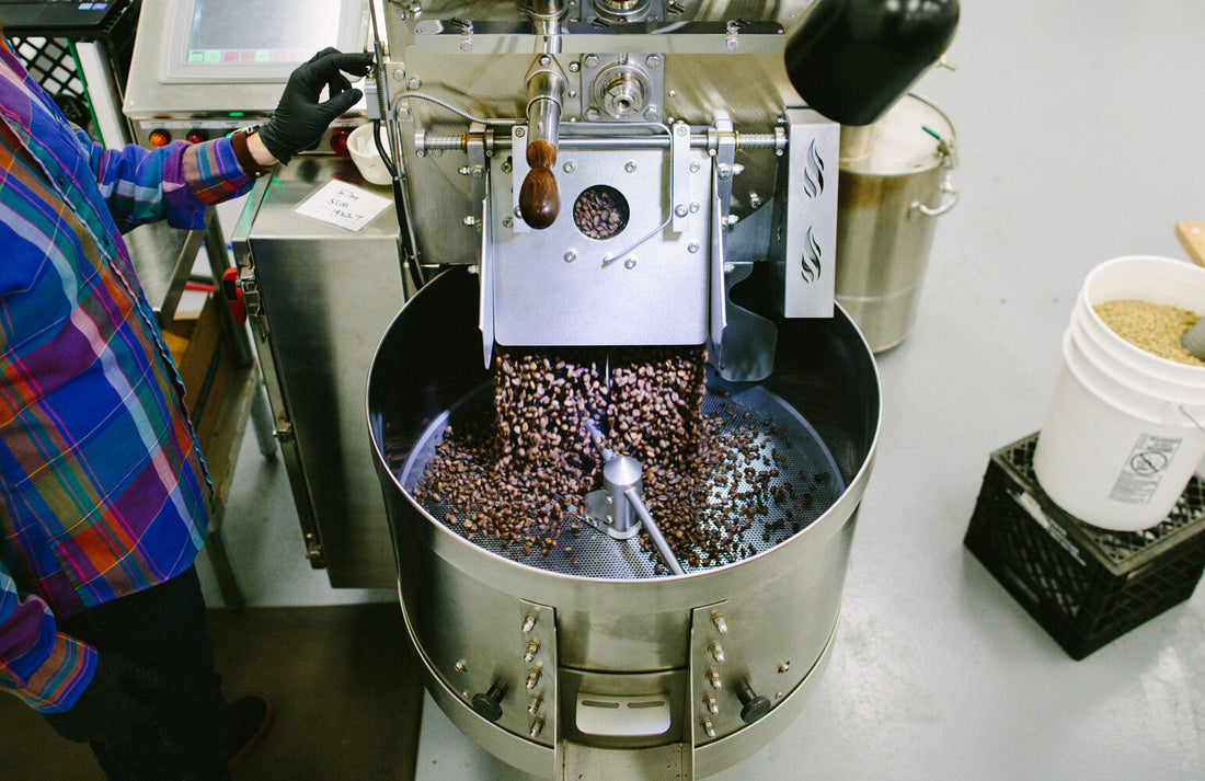 Image of Loring Roaster dropping beans after roast.