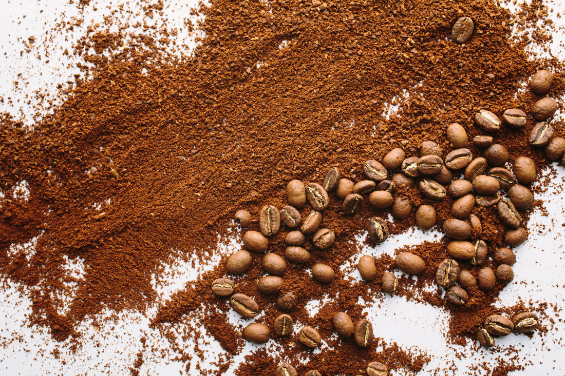 Image of ground coffee next to whole bean coffee.