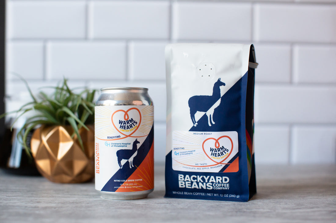 Image of Warm Hearts cold brew can and coffee bag.