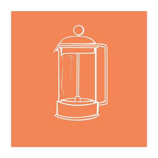 orange square with drawn image of a french press