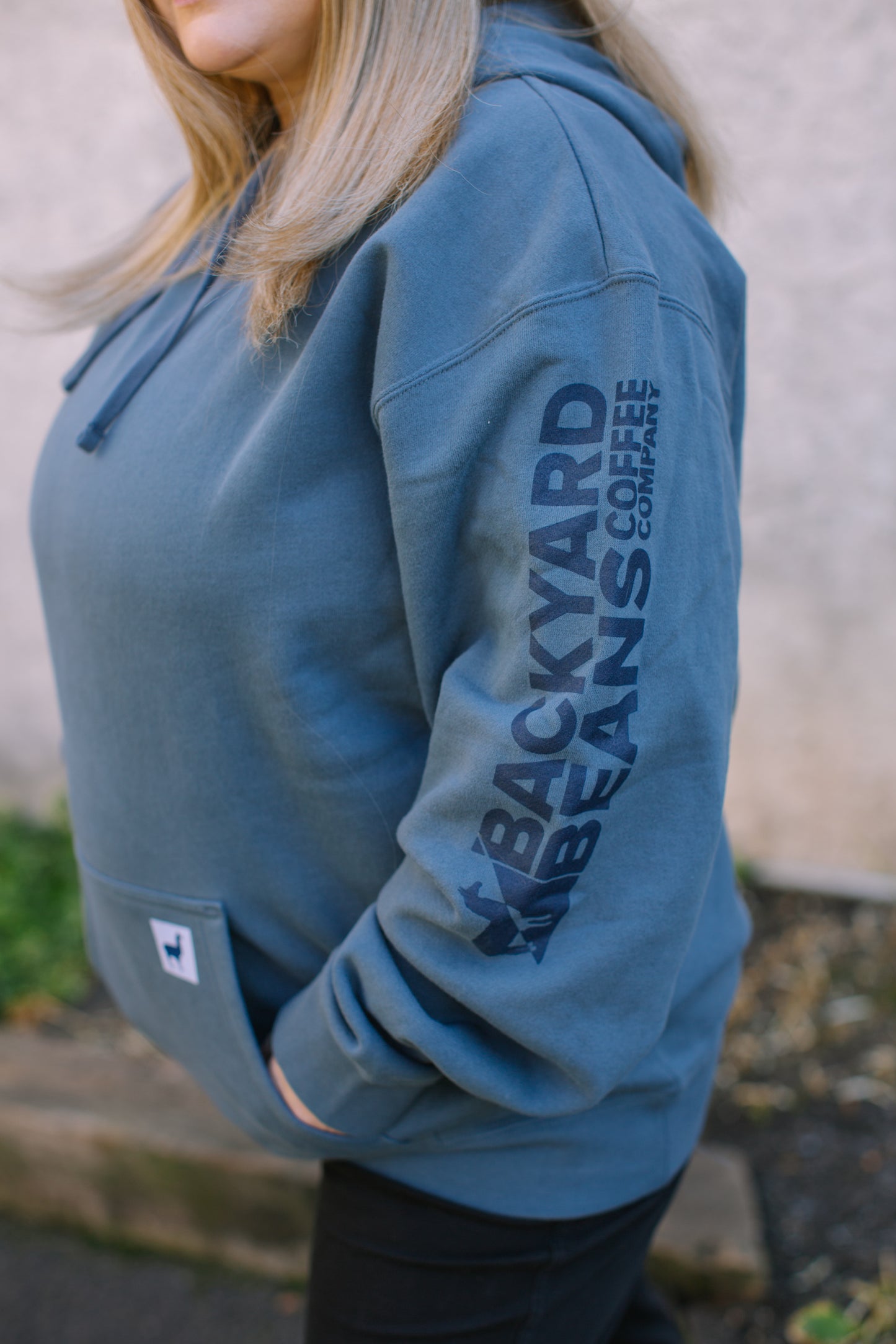 Image of Backyard Beans Coffee Co. Hoodie closeup.