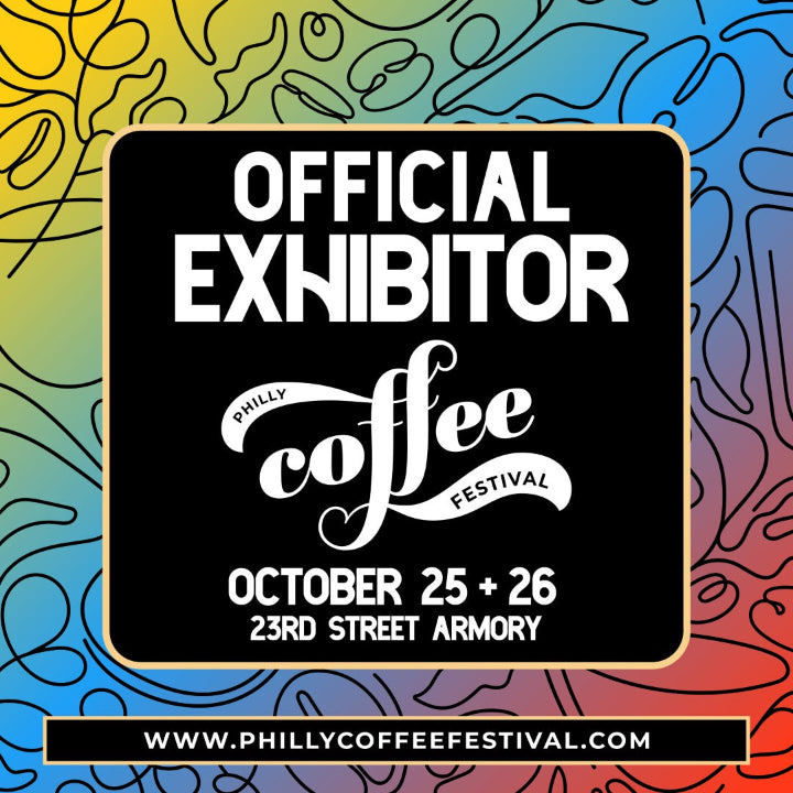 Promotional poster for the Philly Coffee Festival with event details on a colorful abstract background.