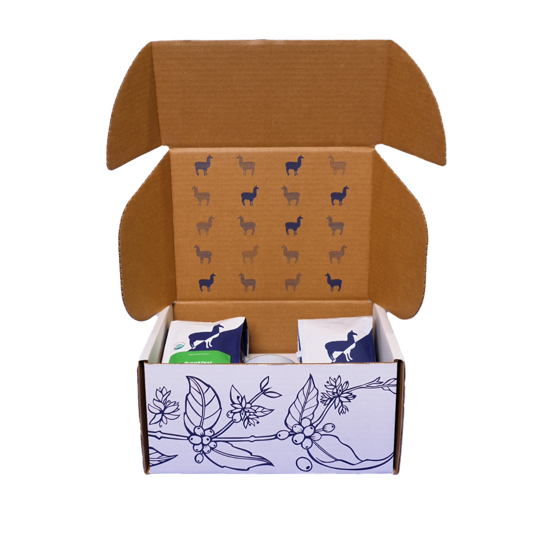 the backyard beans gift box including 2 retail 12oz coffee bags and backyard beans branded mug