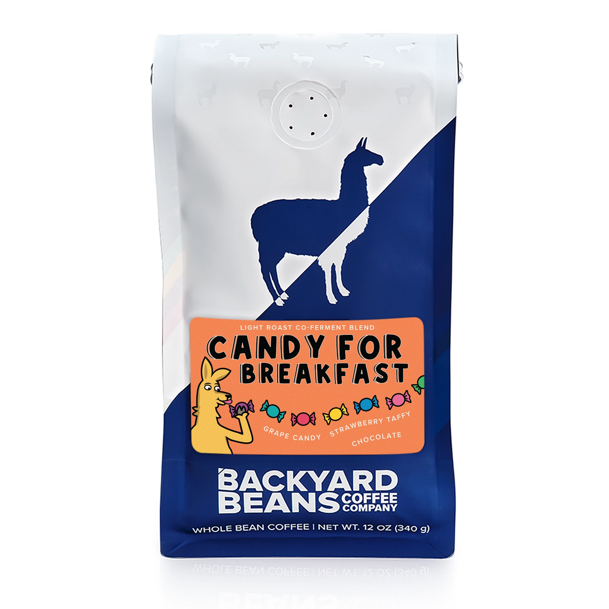 A 12 oz bag of Backyard Coffee Company Candy for Breakfast whole bean coffee. The packaging features a white top half with a blue llama silhouette, a diagonal blue stripe, and an orange label with illustrations of candy.