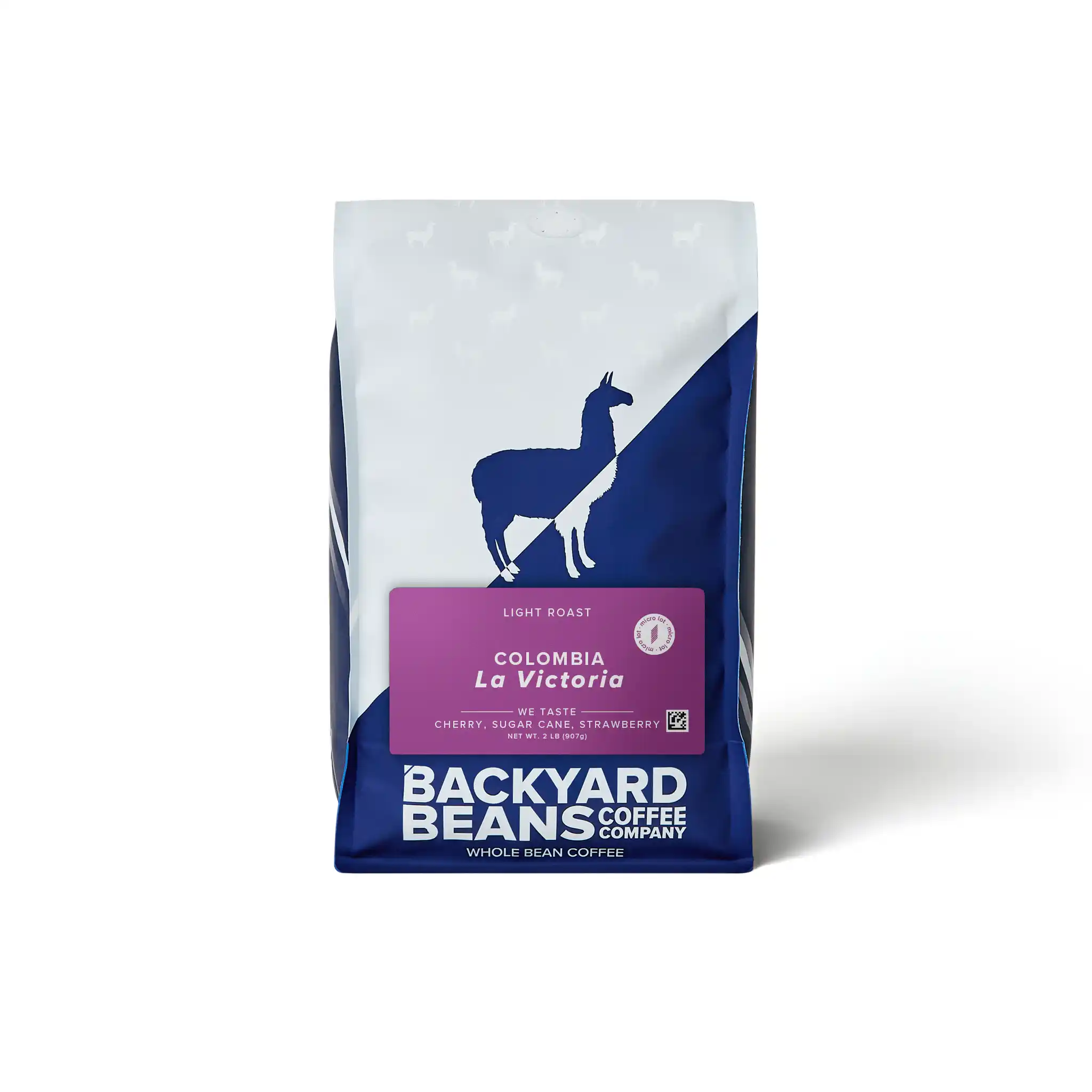 Backyard Beans coffee bag with llama graphic on a white background