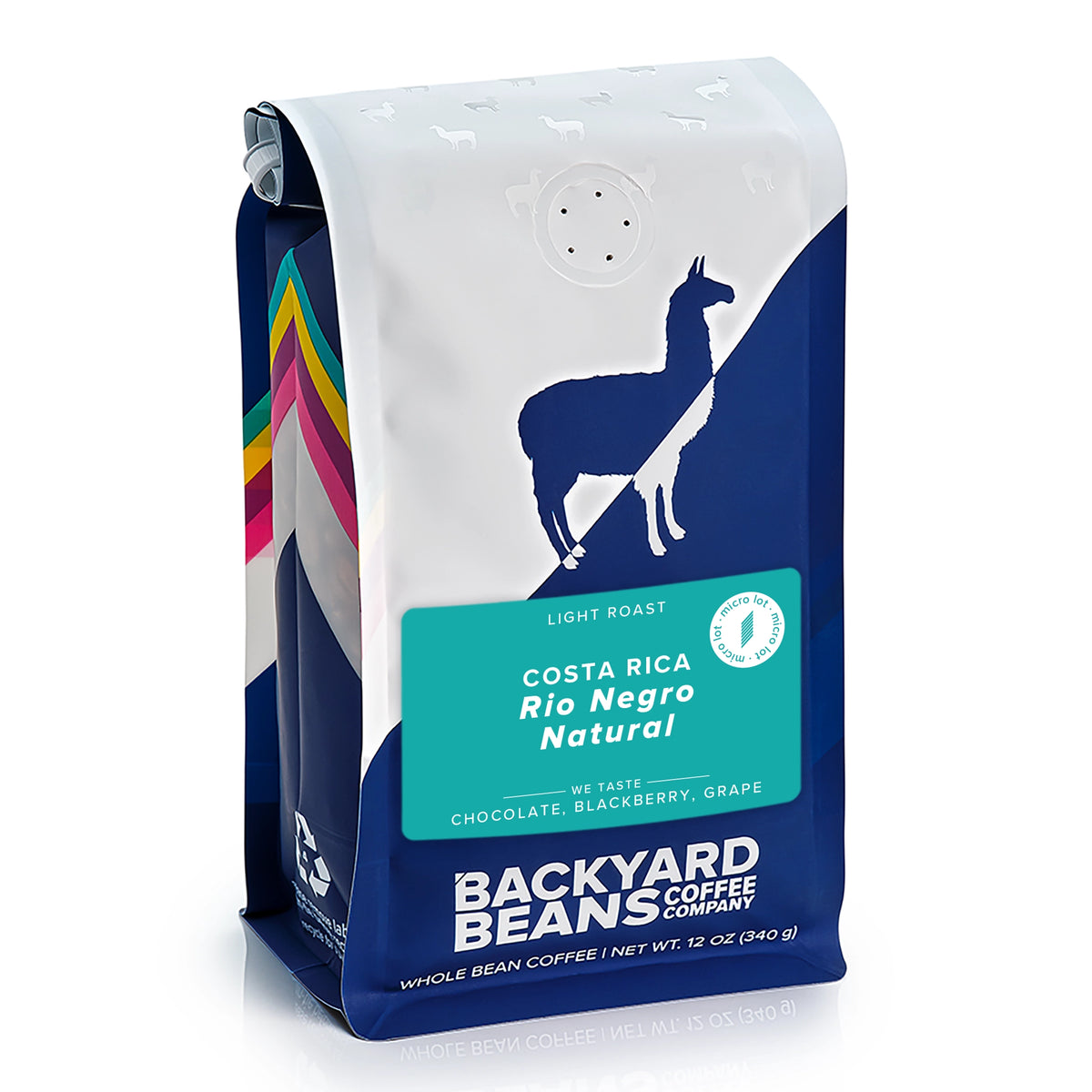 A 12 oz bag of Backyard Beans Coffee Company Costa Rica Rio Negro Natural light roast coffee. The packaging features a white top section with a blue llama silhouette, a teal label, and a dark blue lower section with white text.