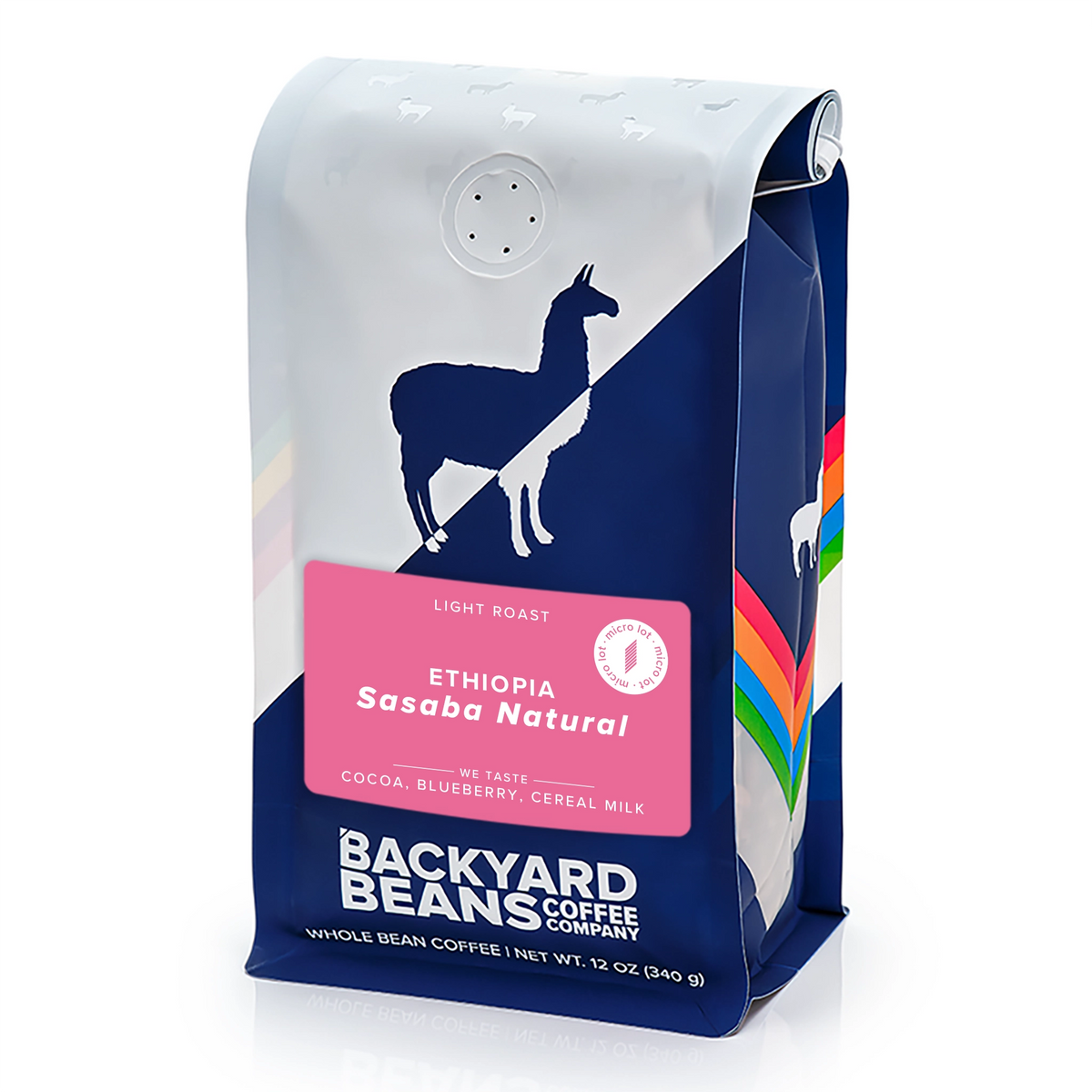 Backyard Beans Coffee Company coffee bag with llama graphic on a white background