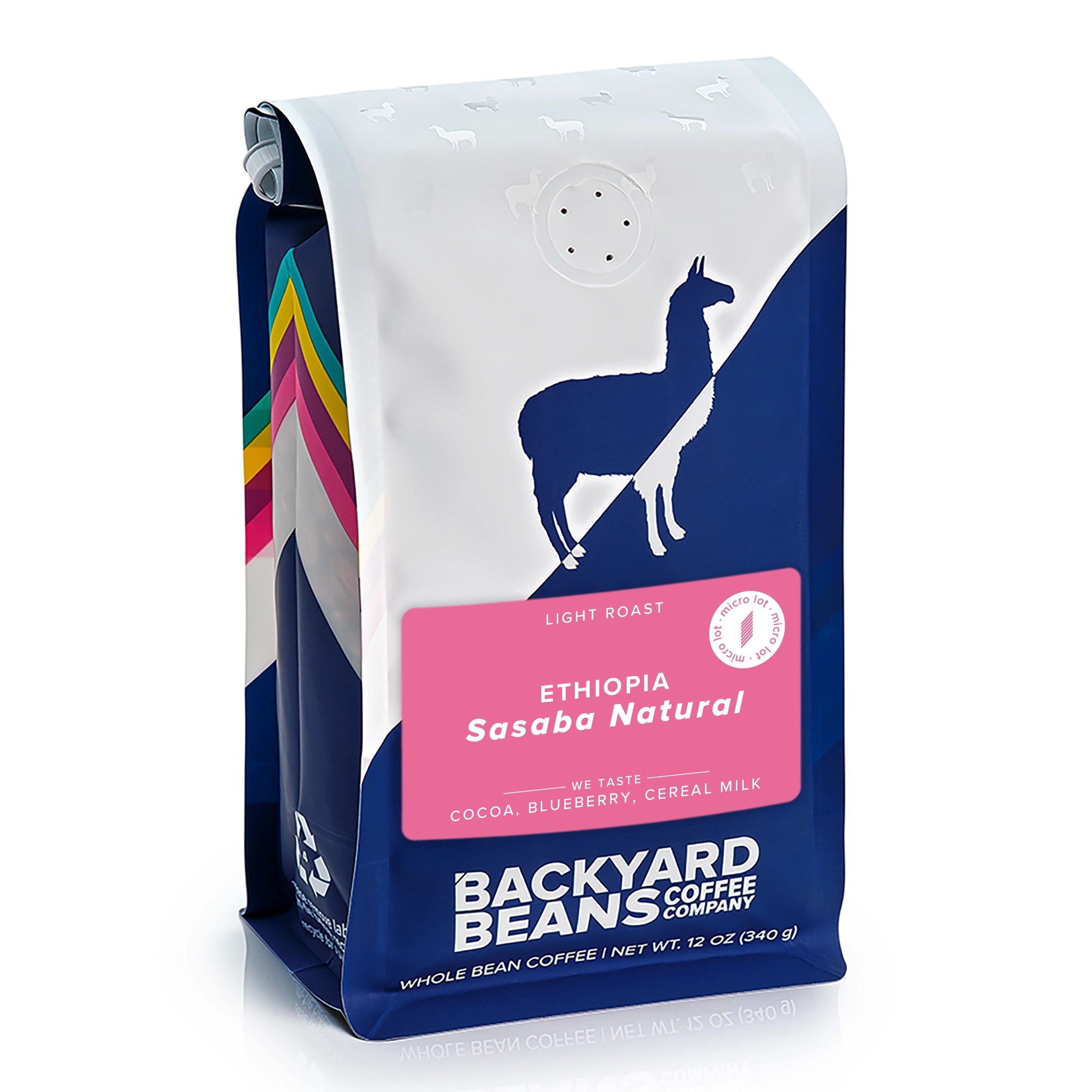 Backyard Beans Coffee Company coffee bag with a blue and white design featuring a llama.