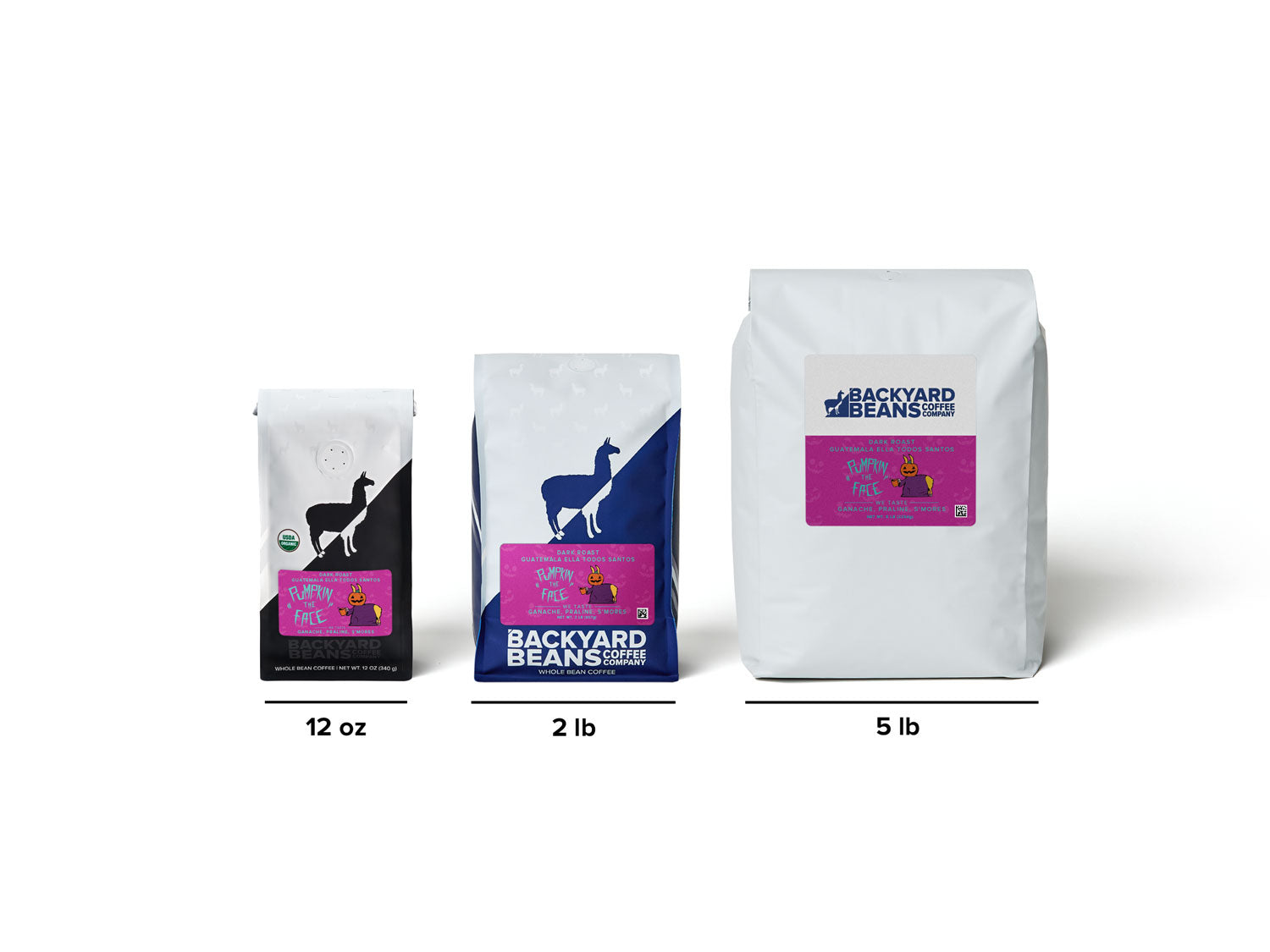 Image of all coffee bag sizes for Pumpkin the Face coffee roast.