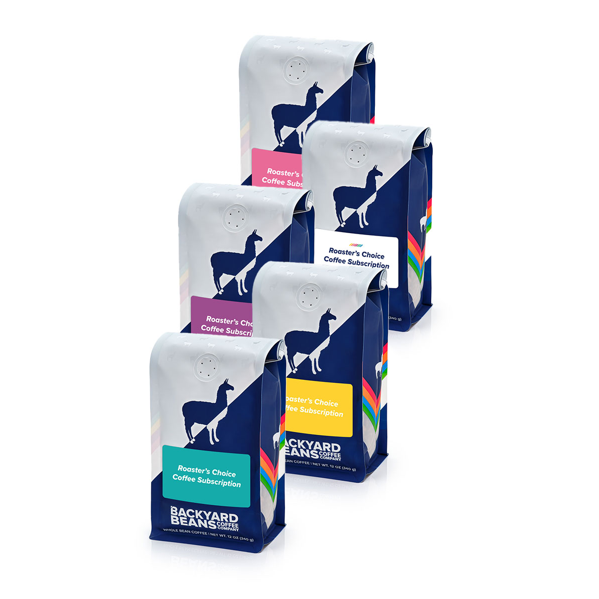 A collection of various coffee subscription boxes with different labels, arranged in a grid pattern against a white background.