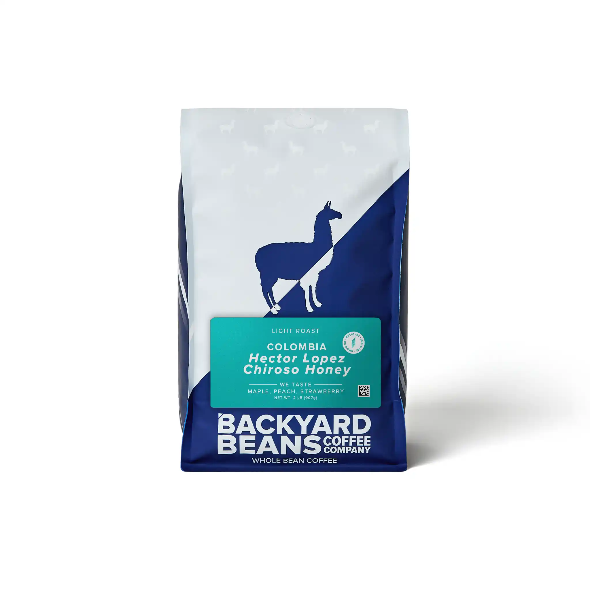 Backyard Beans coffee bag with a blue and white design on a white background