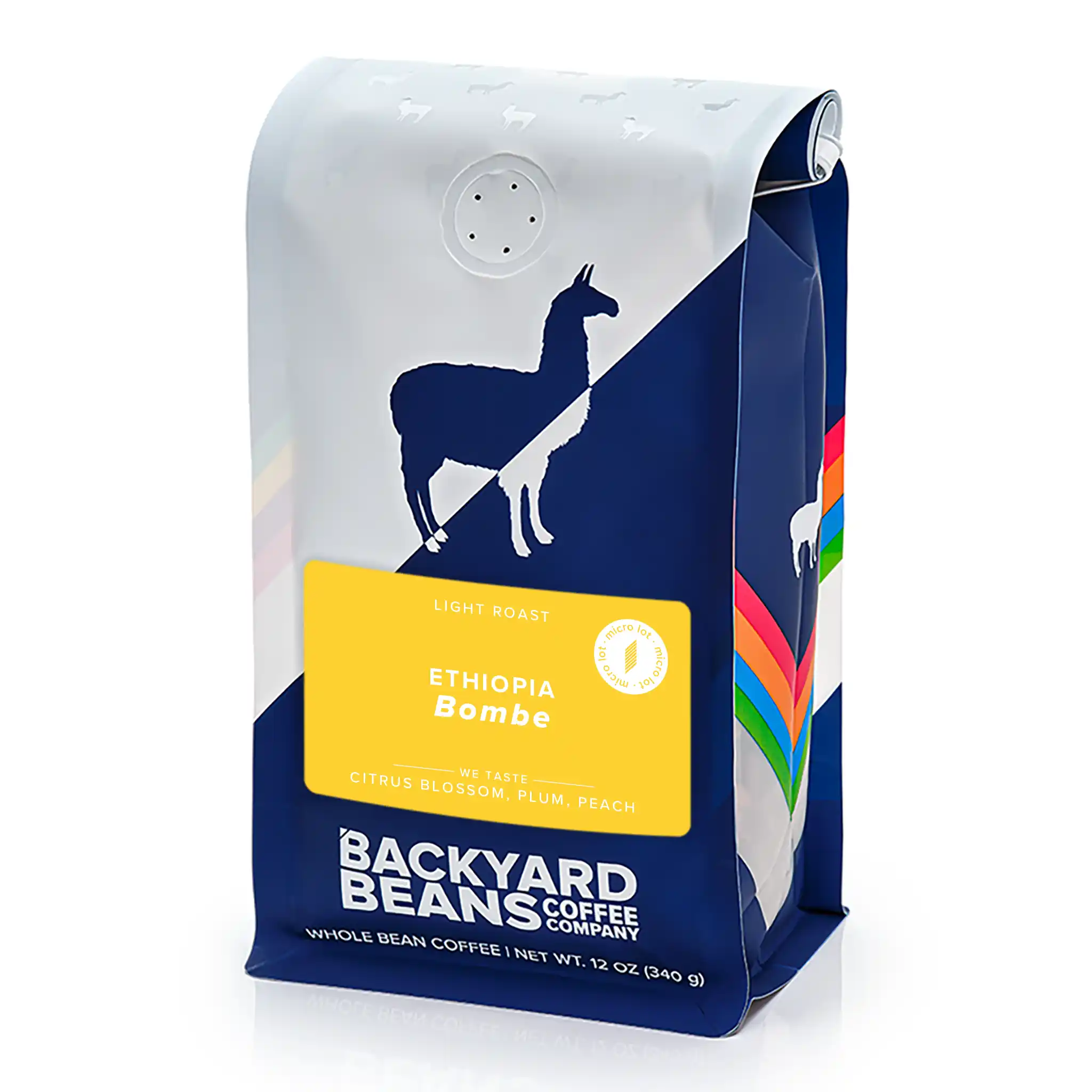 Backyard Beans Coffee Company coffee bag with a llama design on a white background