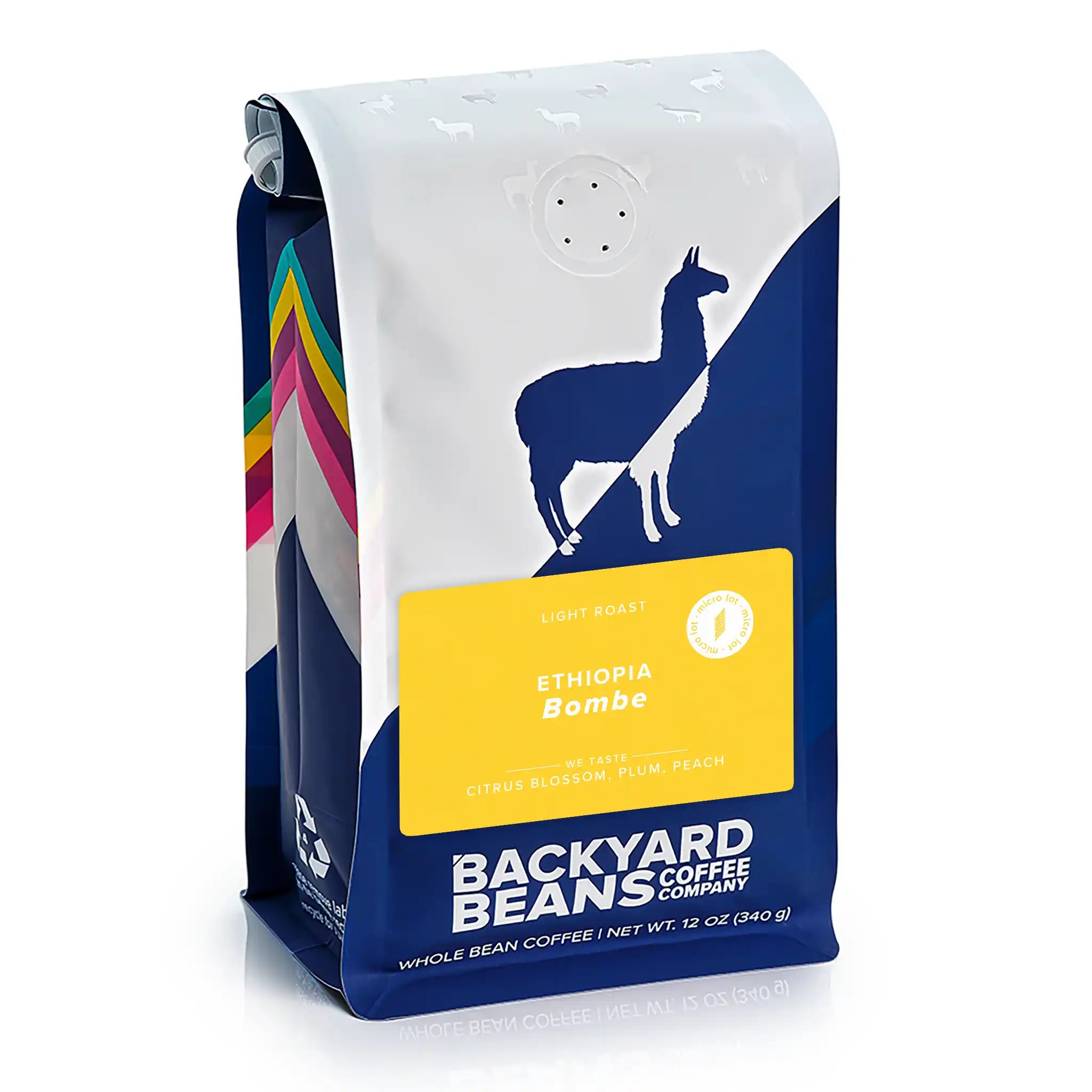 Backyard Beans coffee bag with colorful design on a white background