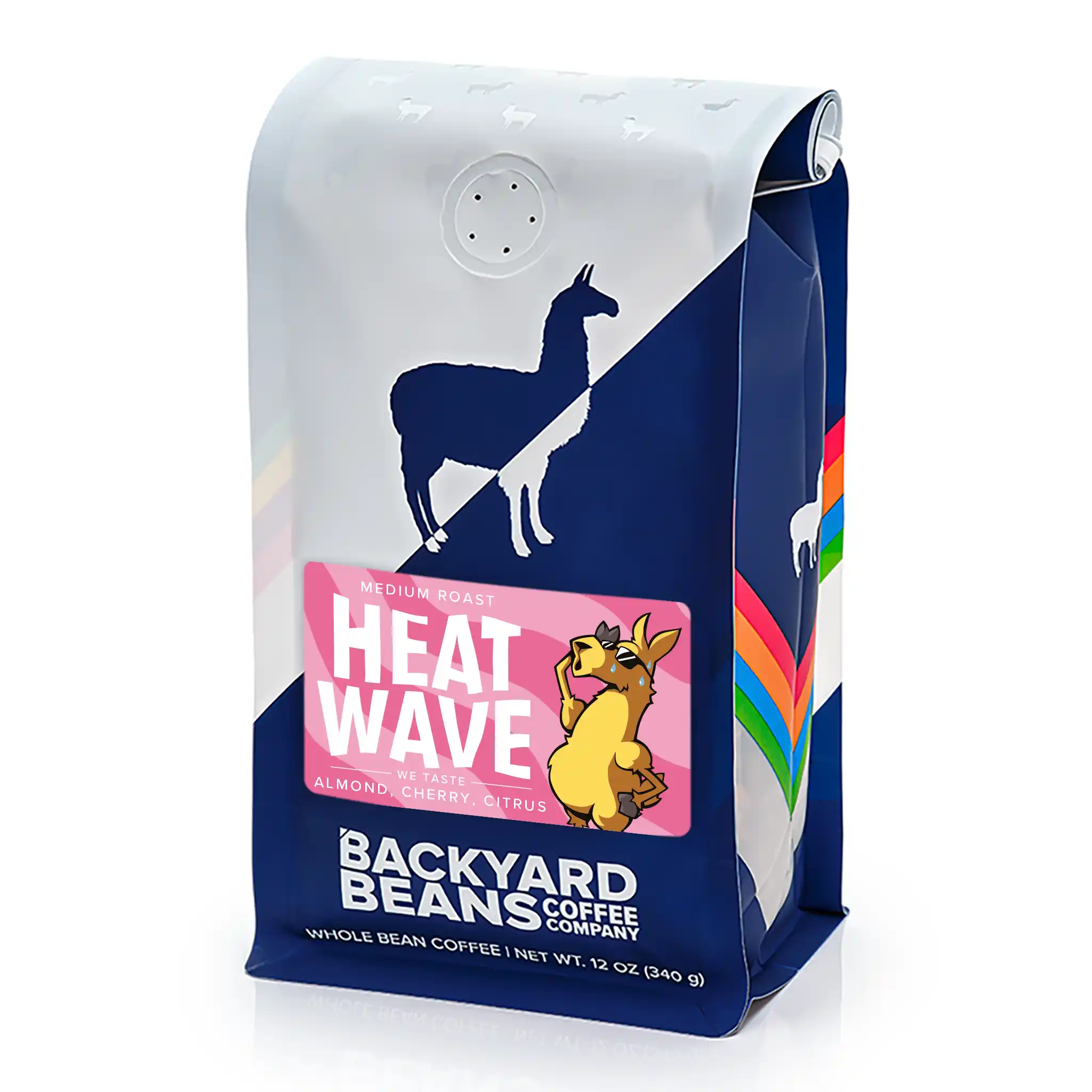 Backyard Beans Coffee Company Heat Wave coffee bag with colorful design on a white background