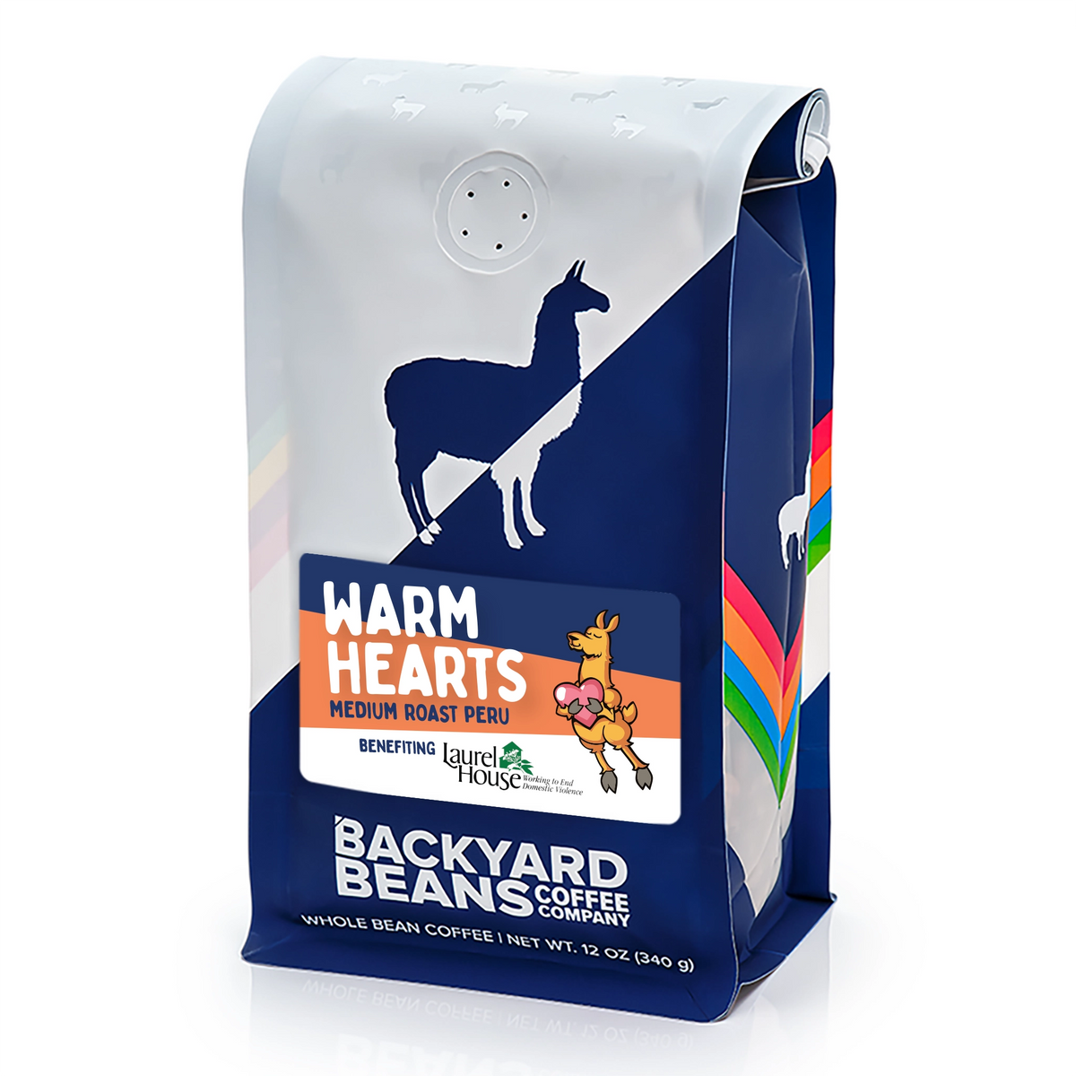 Image of Warm Hearts coffee retail bag with white background