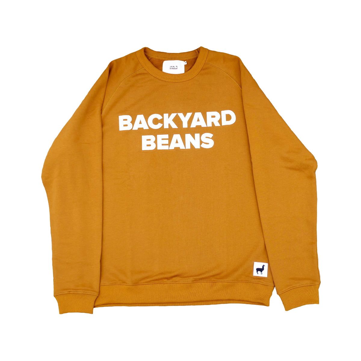 A rust orange crewneck sweatshirt with 'BACKYARD BEANS' printed in bold white letters across the chest, displayed flat against a white background.