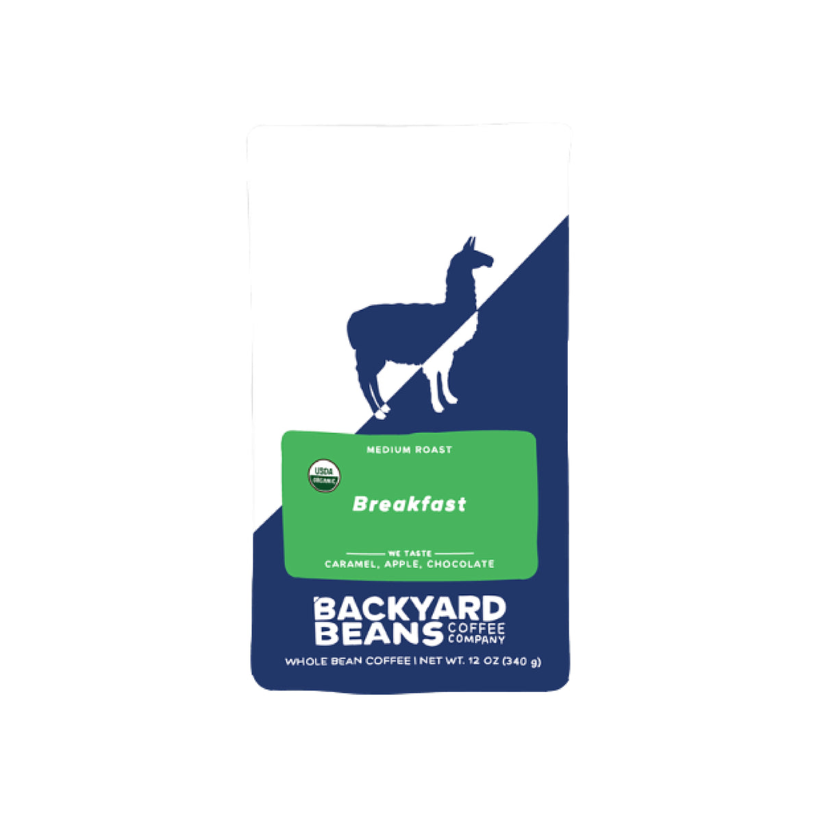 Image of Backyard Beans Coffee Company Breakfast Whole Bean Coffee sticker on a plain white background. The packaging features a white and navy blue design with a silhouette of a llama and a green label indicating it is a medium roast, organic, and breakfast flavor.