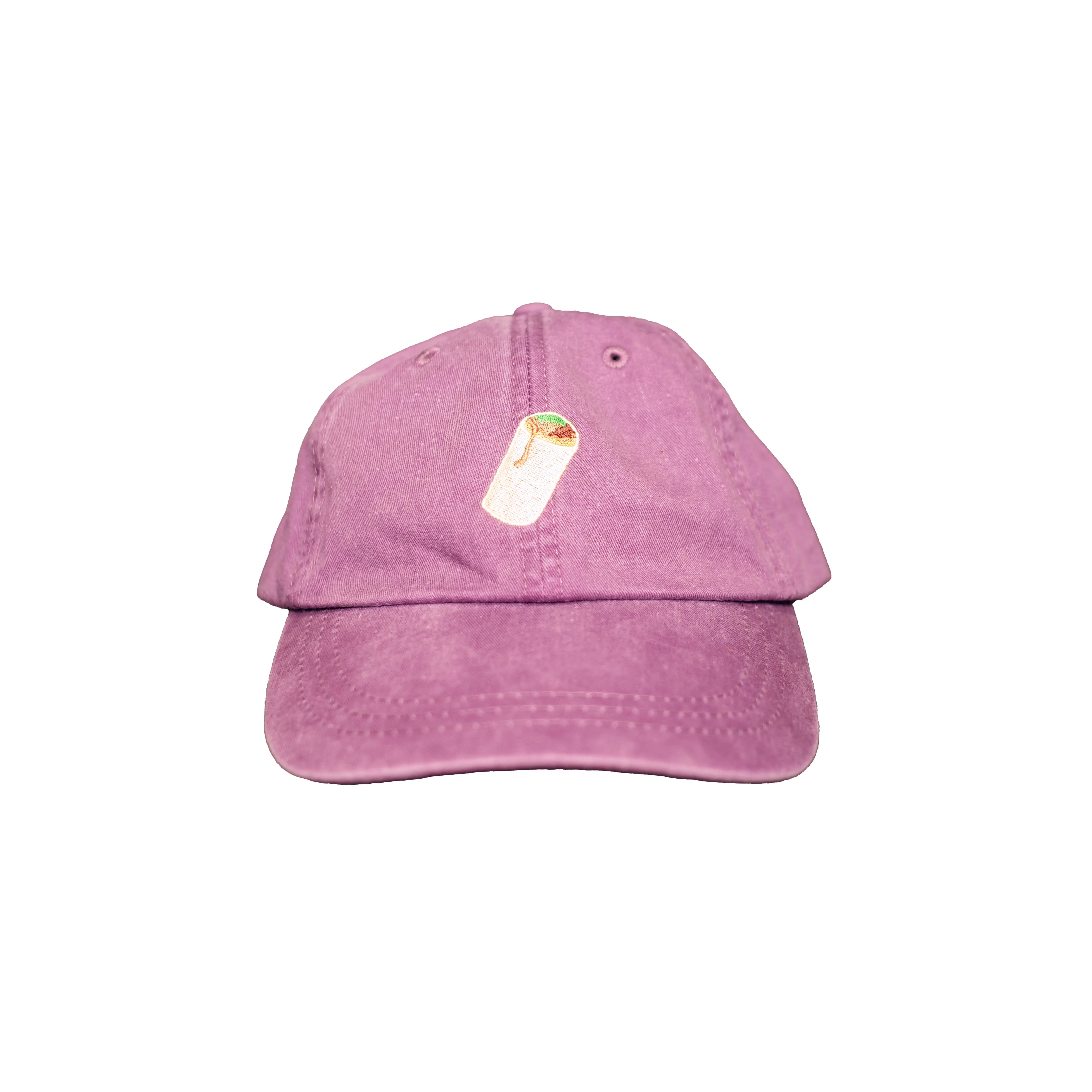 Image of plum dad hat with embroidered burrito